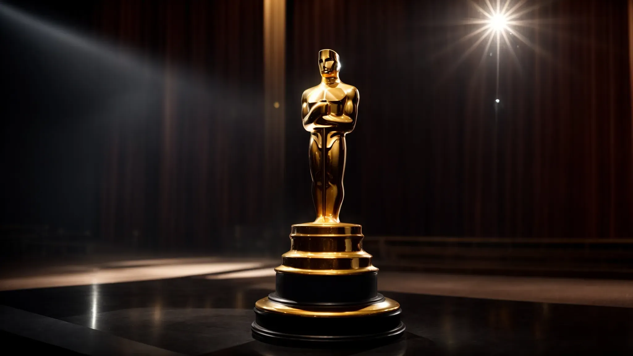 a spotlight illuminates an empty stage with an oscar statuette, signifying the silent anticipation of recognizing a leading actress's cinematic achievements.