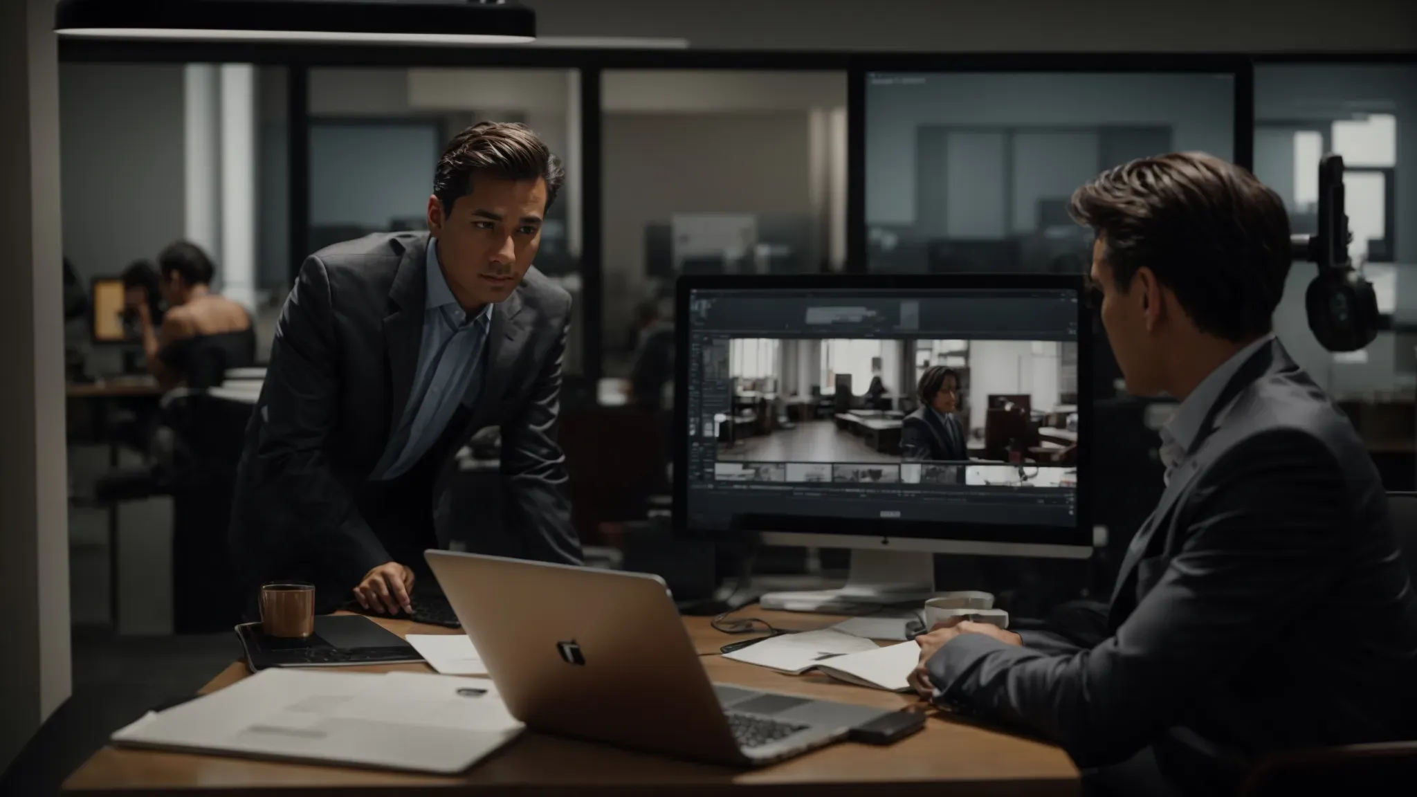 a director and producer discussing over a laptop with a movie scene displayed on the screen in a modern office.