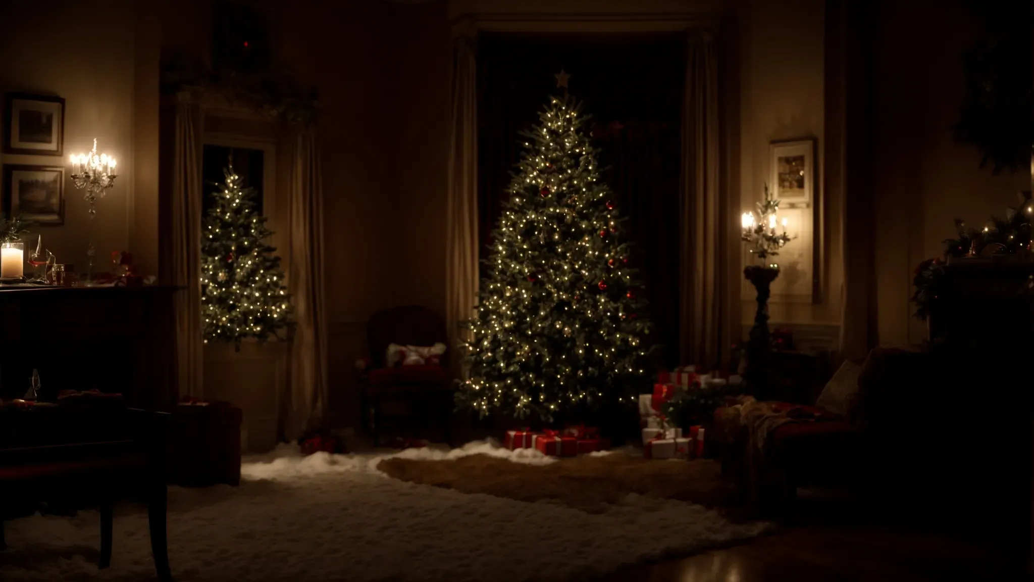 a snow-dusted, dimly lit christmas tree looms ominously in the corner of a room while shadowy figures seem to lurk just beyond the flickering candlelight.