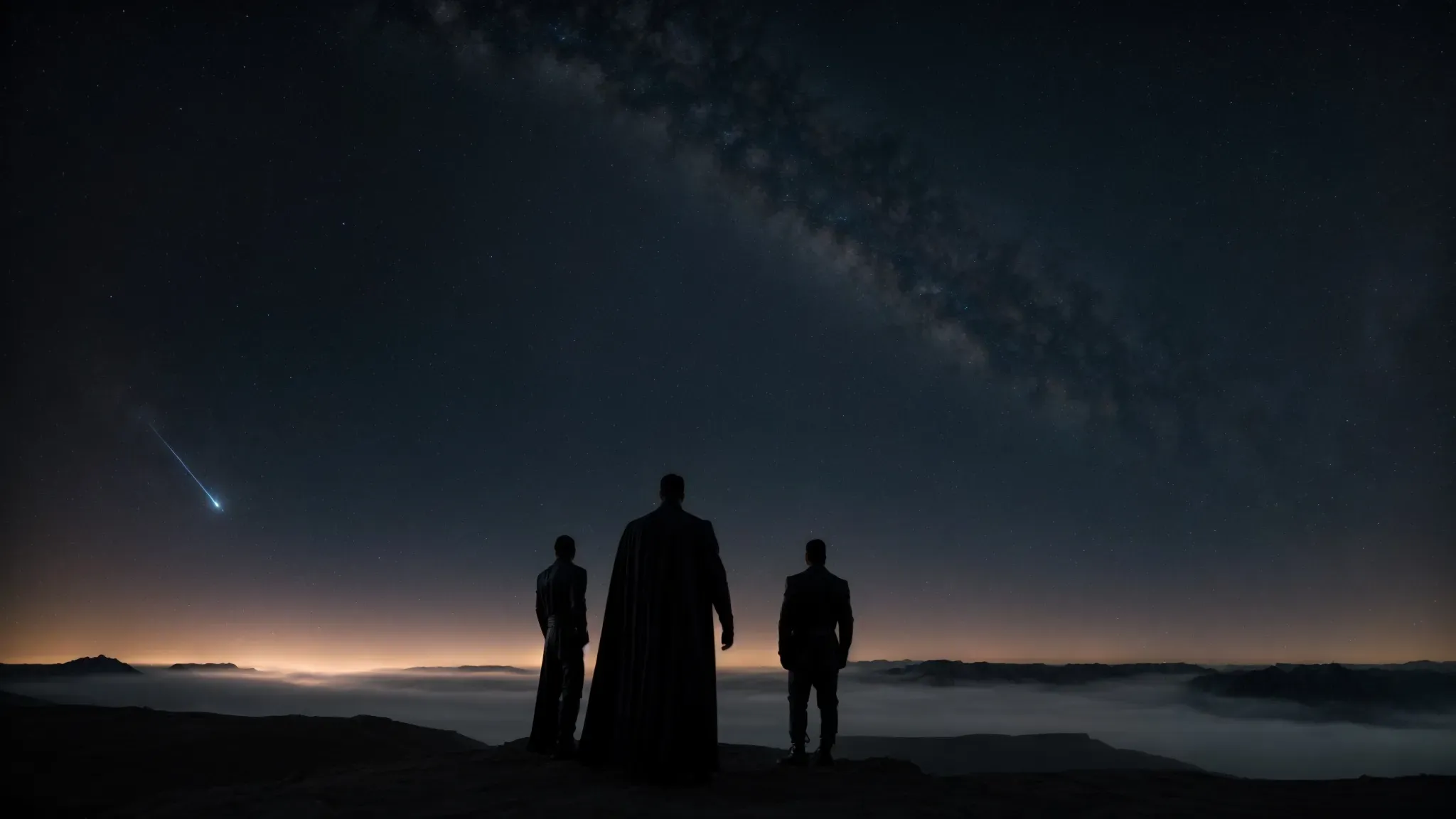 a vast canvas of stars stretches over shadowy figures of unidentified superheroes standing at the edge of a cosmic gateway, looking into the unknown.