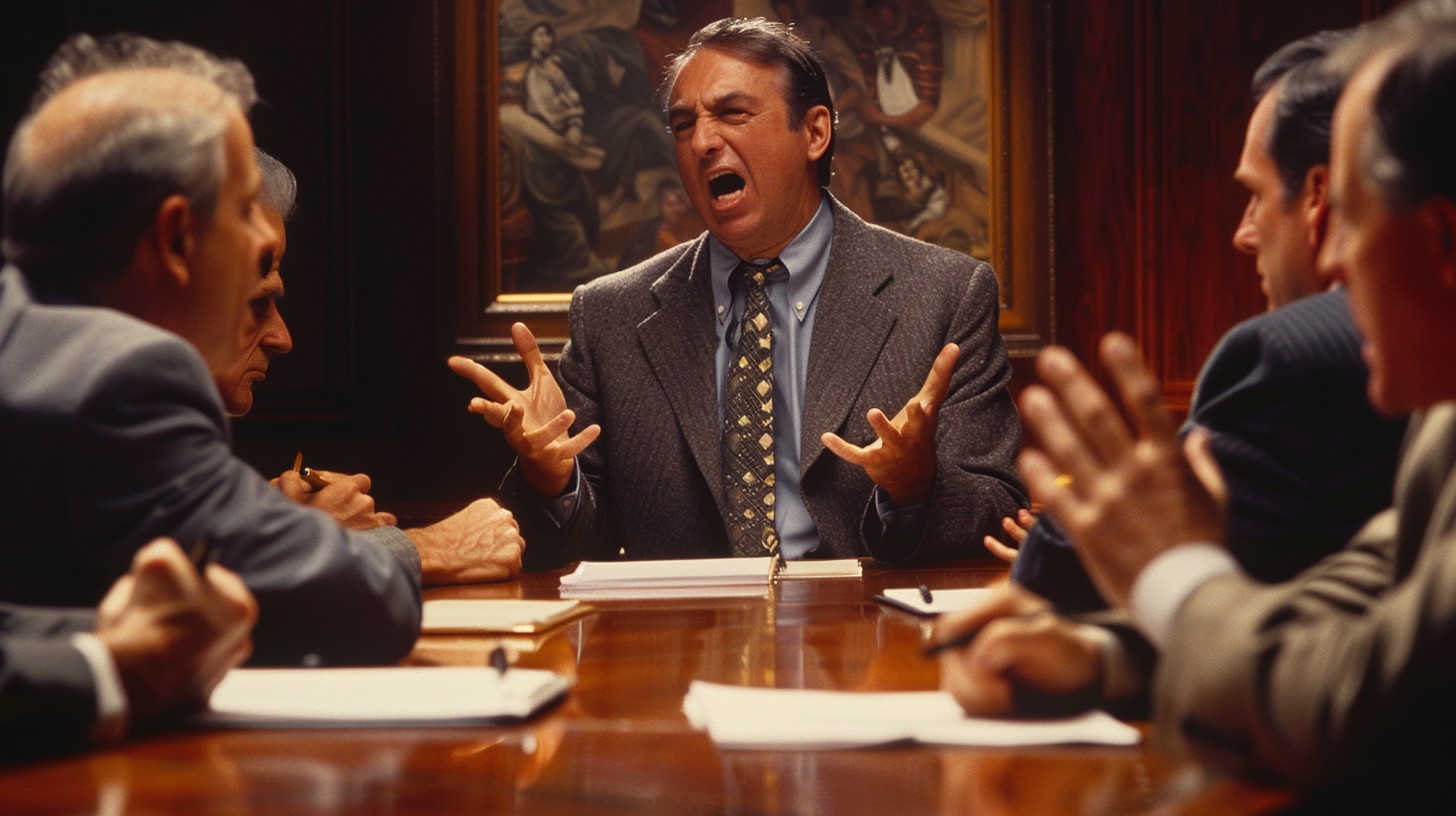 two corporate executives shaking hands in a sleek office boardroom, symbolizing a high-stakes partnership. 