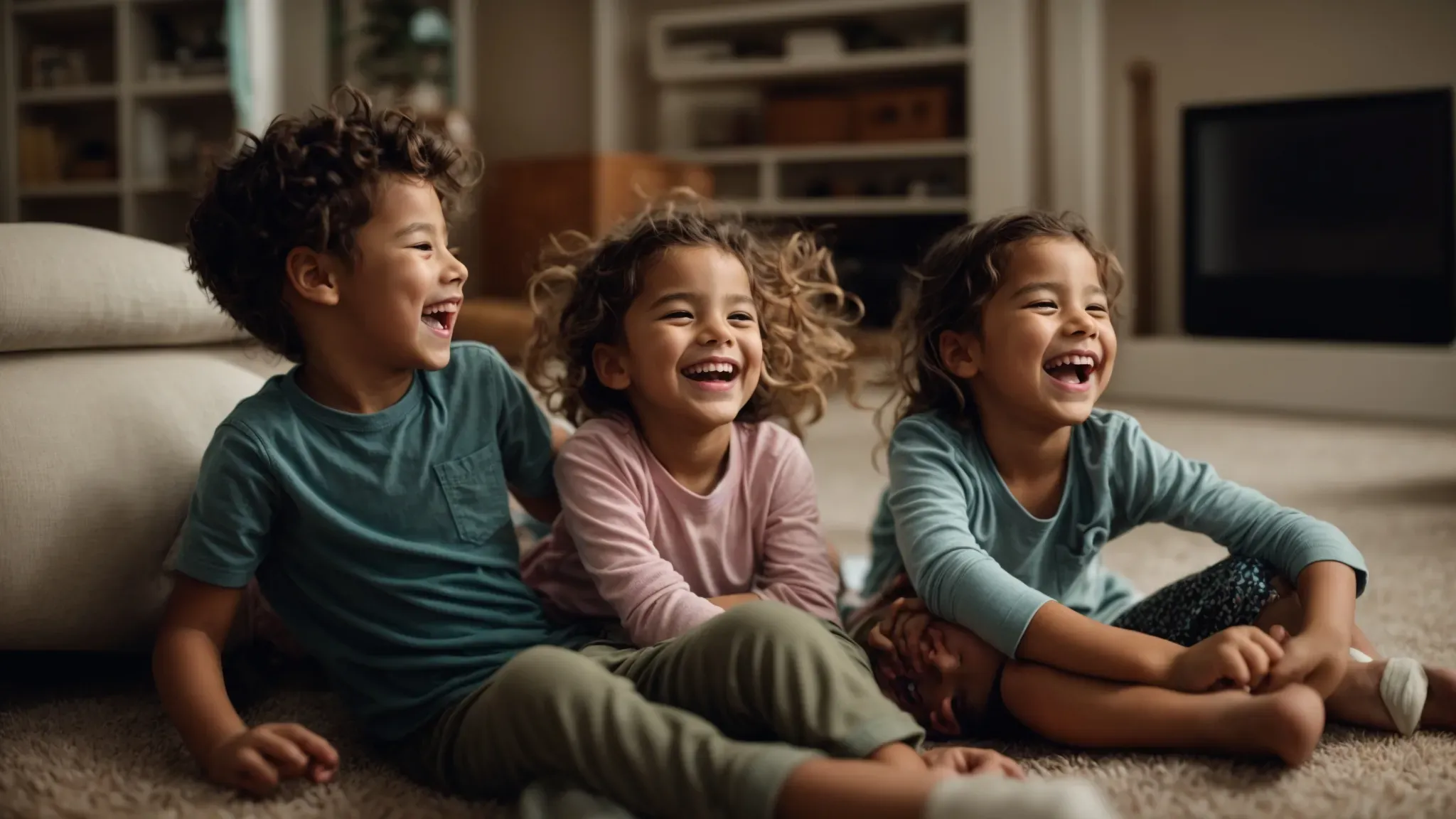 children sprawled on the living room floor, laughing at a funny movie on tv.