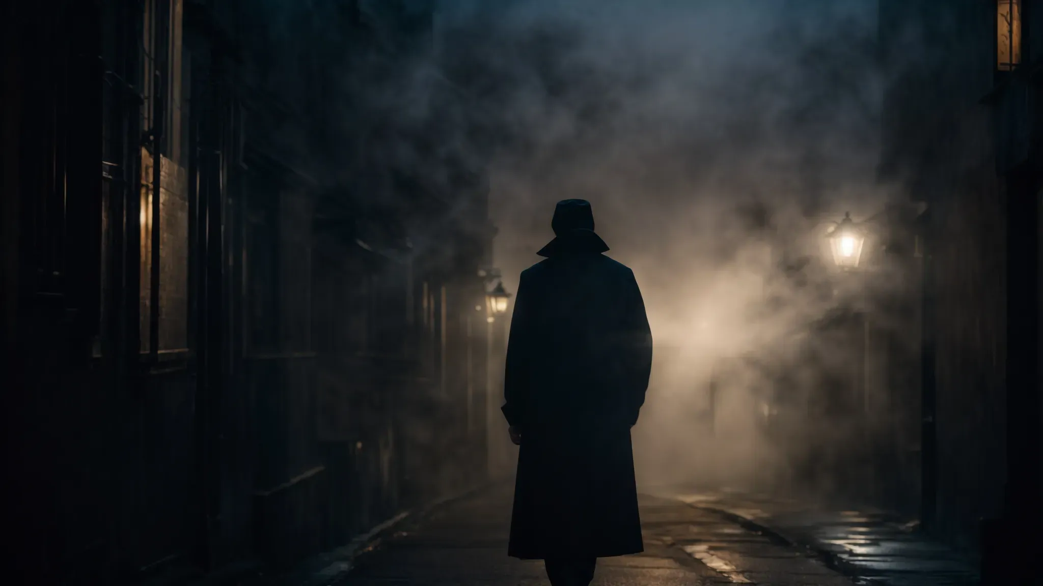 a shadowy figure standing in an alleyway, enveloped in mist and obscured streetlights.