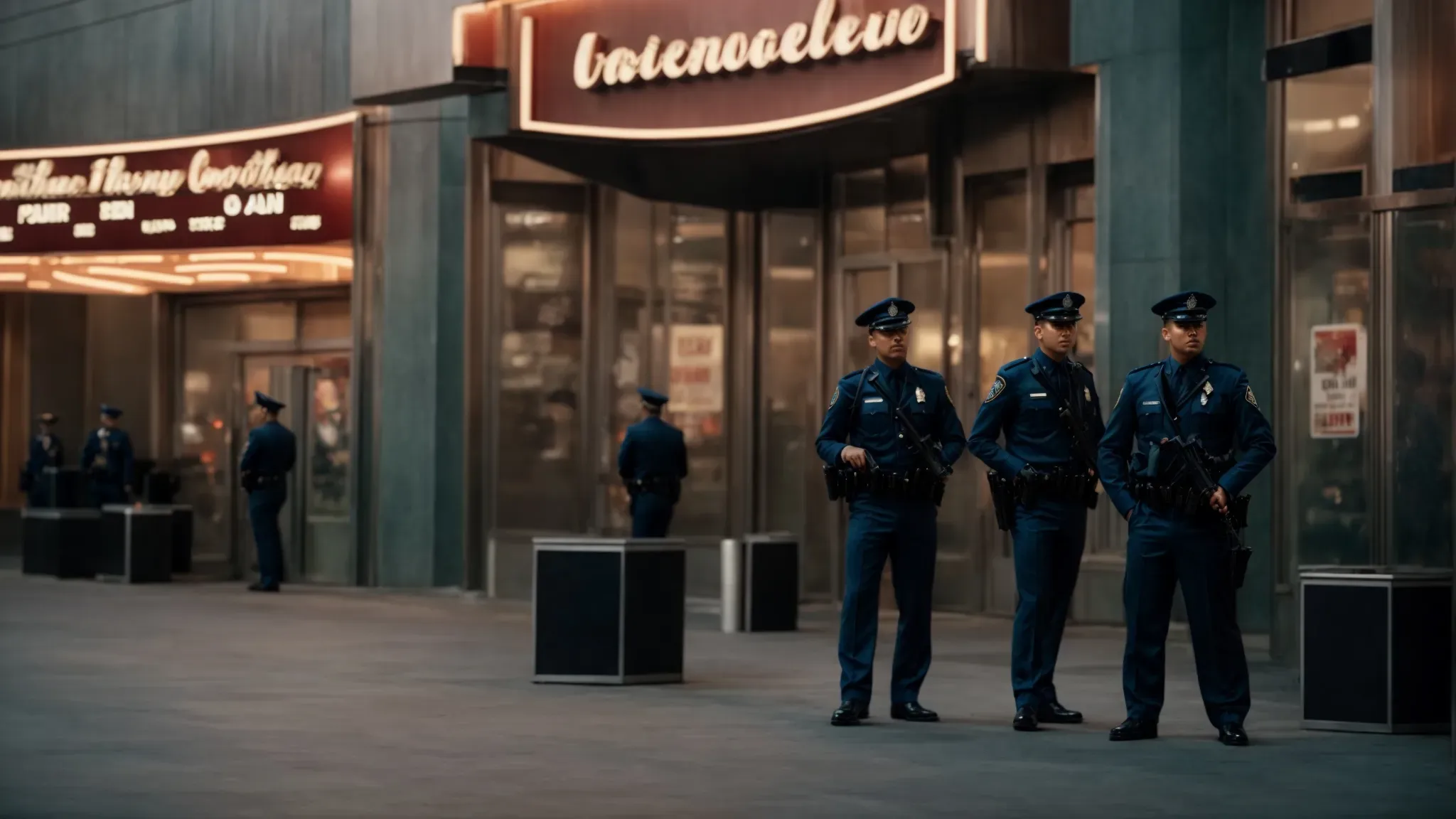 police officers patrol outside a cinema during the premiere of the film 'joker'.