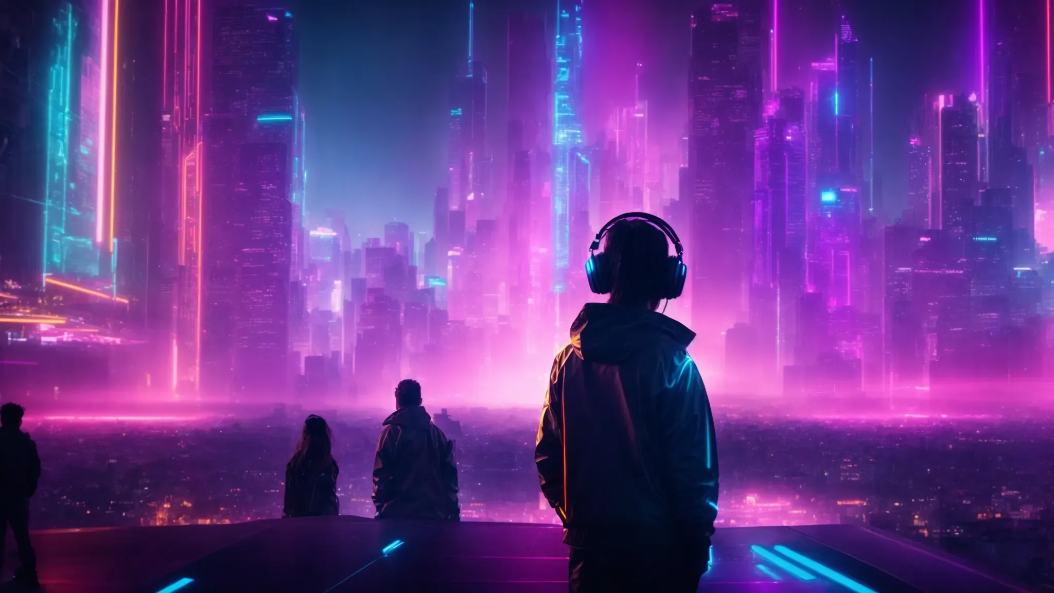 a futuristic cityscape illuminated by neon lights with a silhouette of a person wearing headphones, gazing at a holographic display of animated characters dancing.