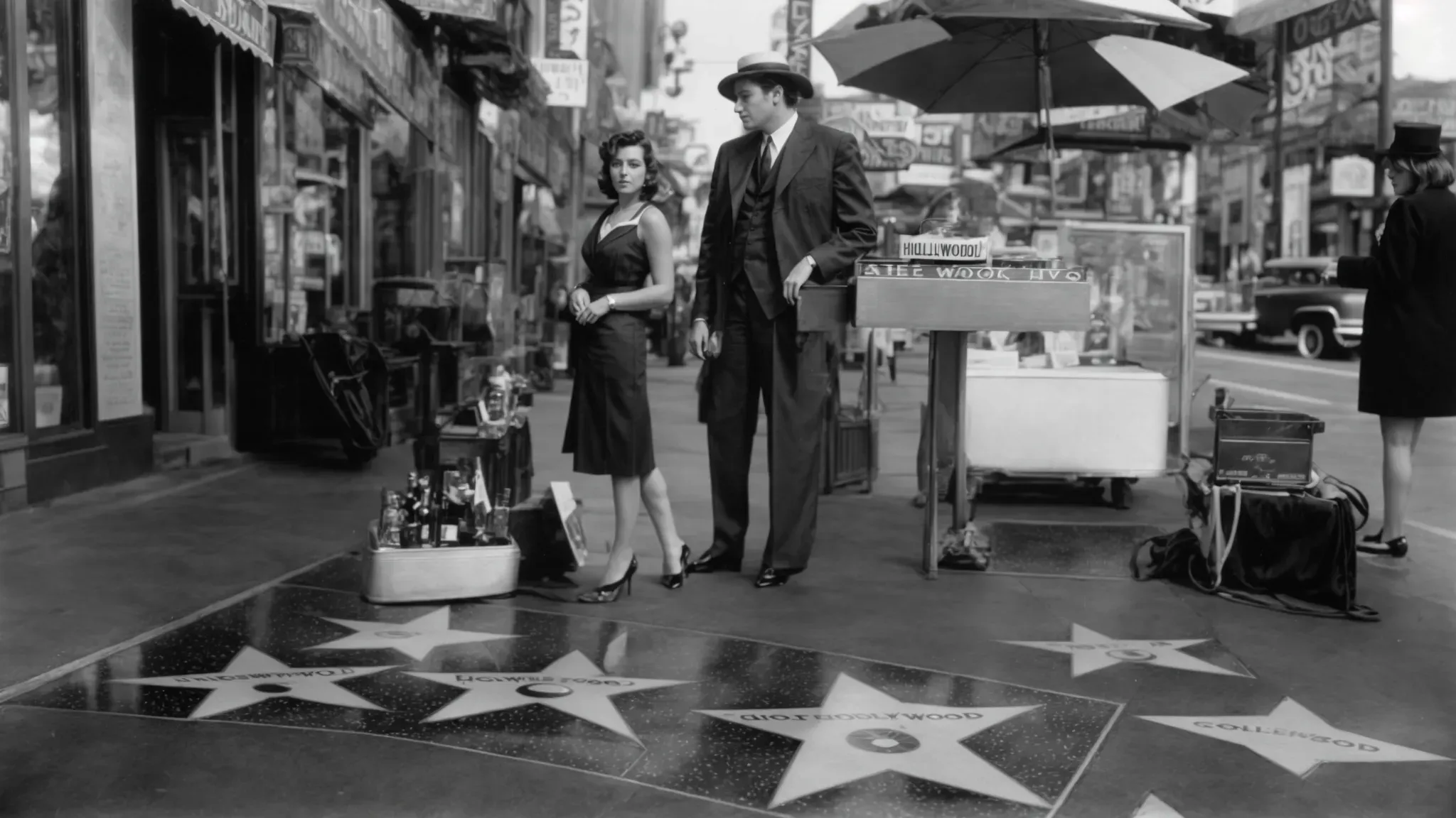 a hollywood walk of fame star surrounded by classic cinema paraphernalia.