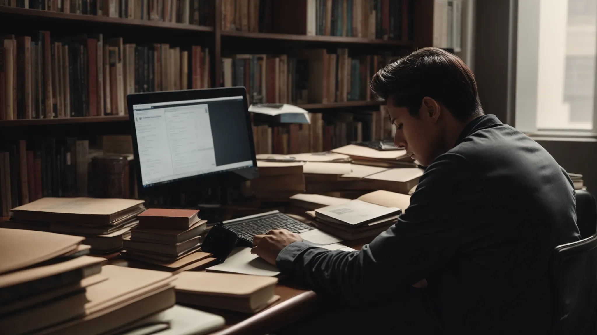 a person sits at a desk surrounded by books and a laptop, immersed in financial studies.