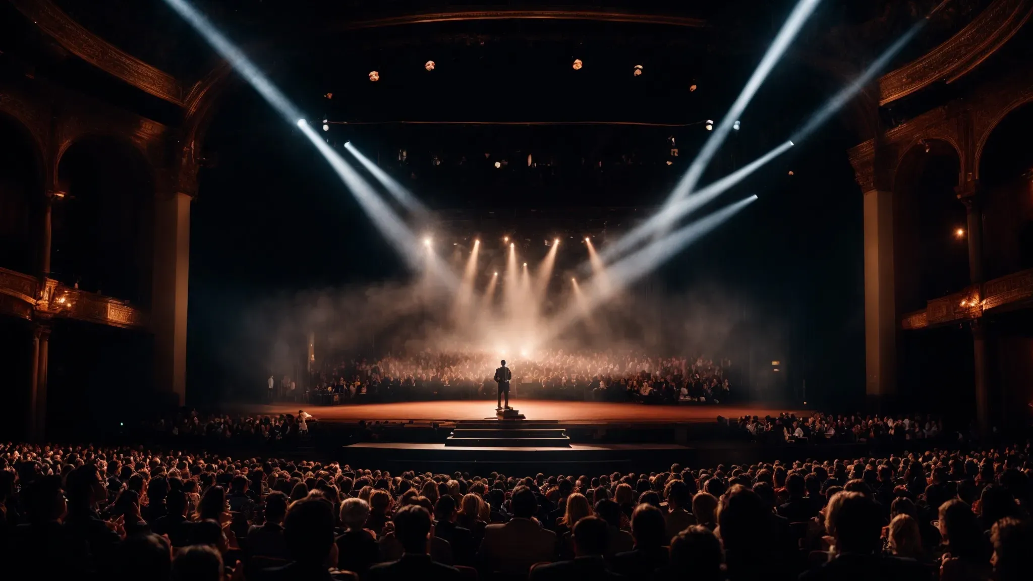 a grand stage illuminated by dynamic lights with an enthralled audience witnessing a captivating performance.
