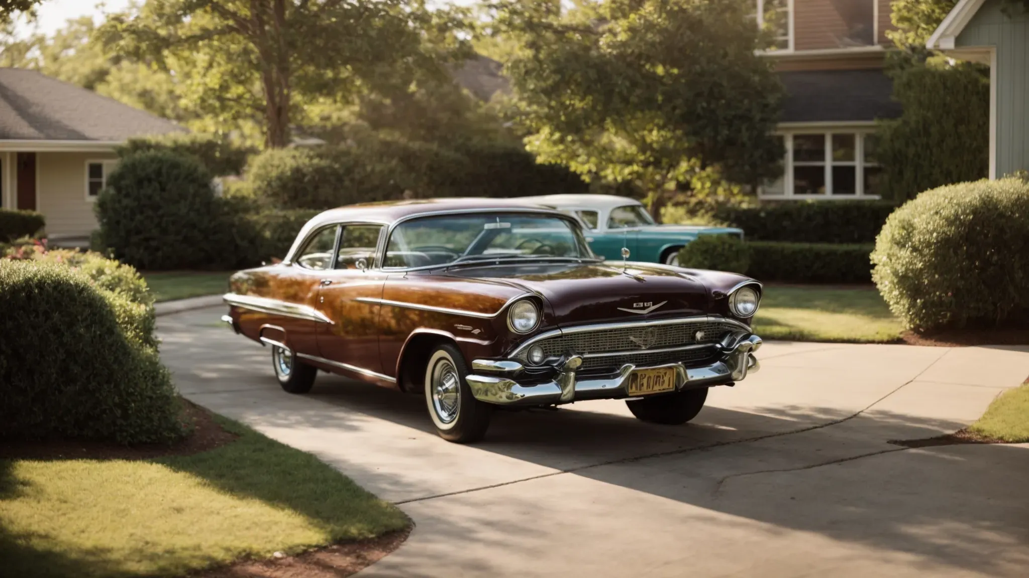 a vintage car parked outside a sunlit suburban home, capturing the quintessence of 1960s american life.