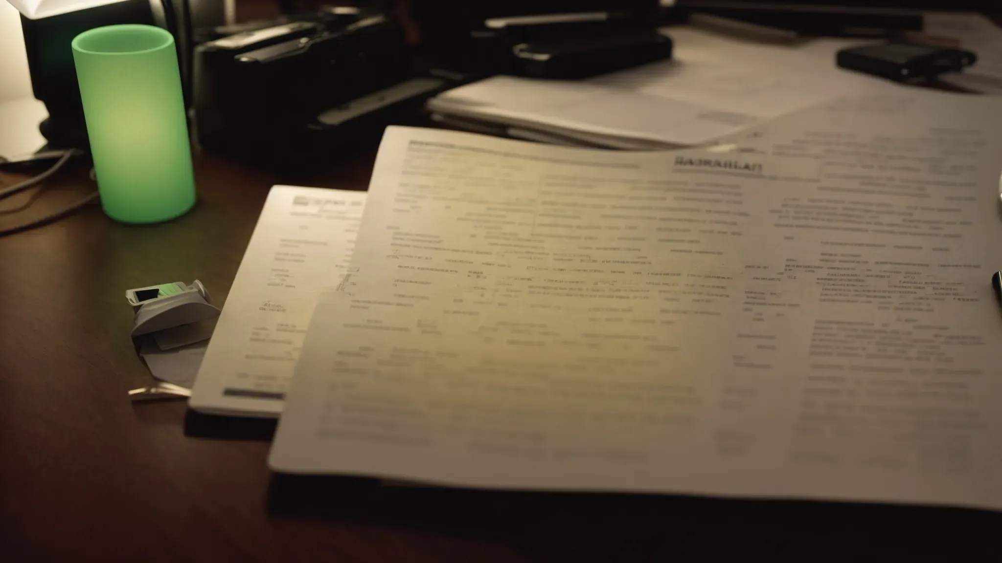 a cluttered table with a script, highlighters, and a laptop open to a spreadsheet, illuminated by a desk lamp in a dim room.