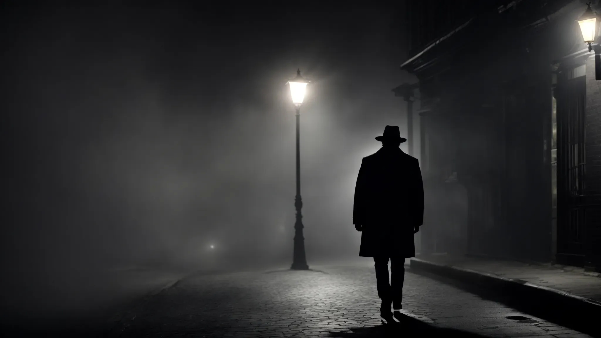 a shadowy figure stands under a dim streetlight in a fog-enshrouded alleyway, encapsulating the mystique of film noir's legacy in modern cinema.