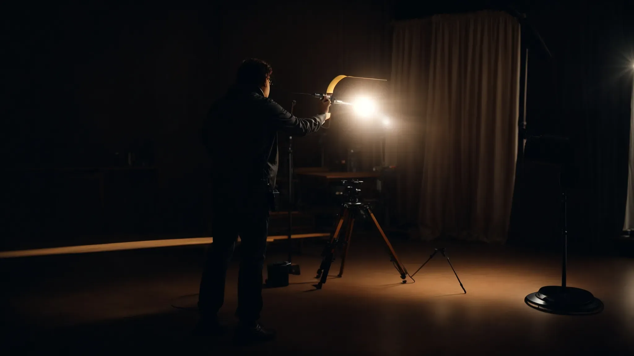 a person adjusting a large film light on a dark set, pointing towards an empty chair.