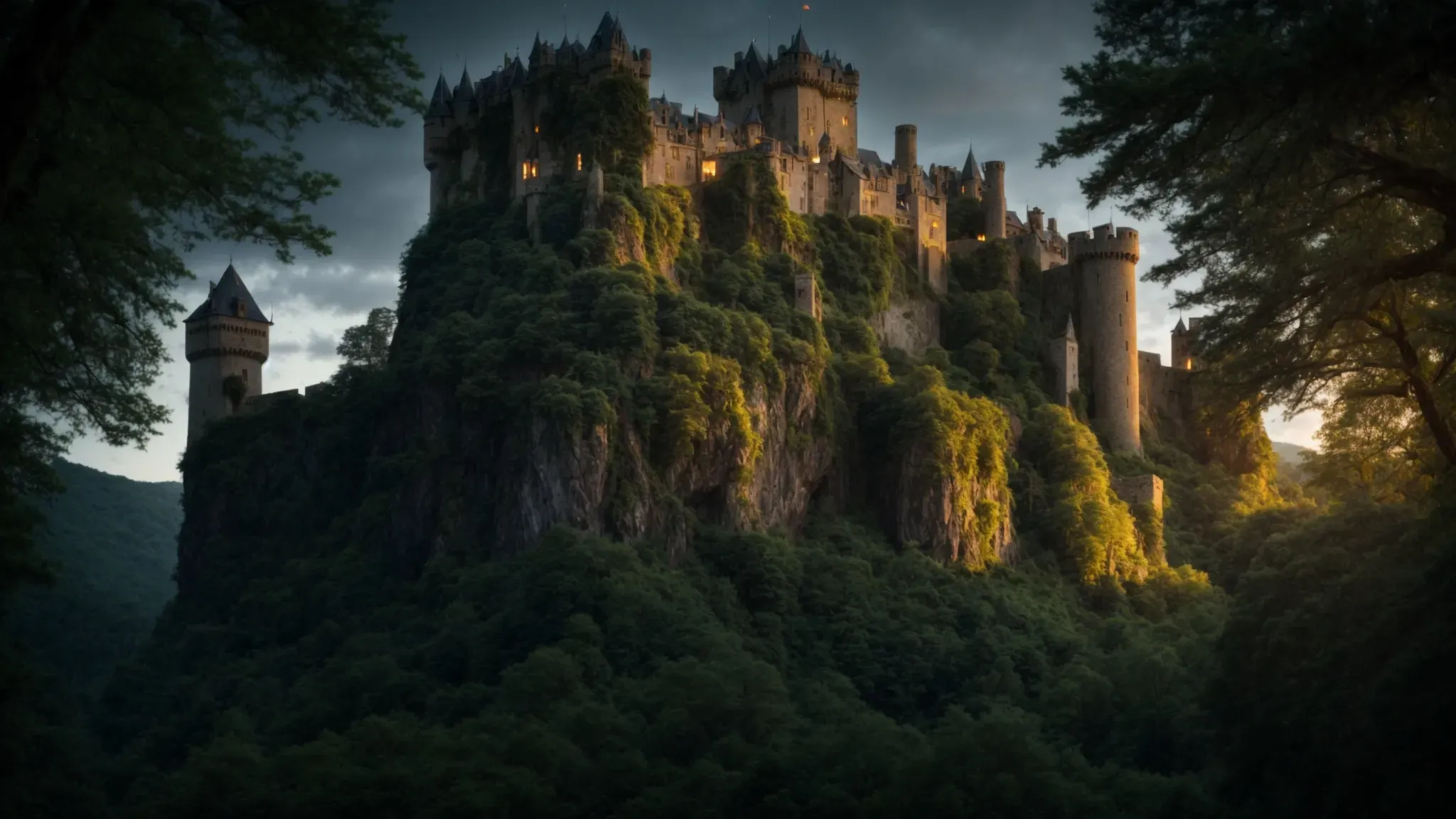 a castle towering over a lush, enchanted forest at twilight, its windows aglow with mysterious lights.