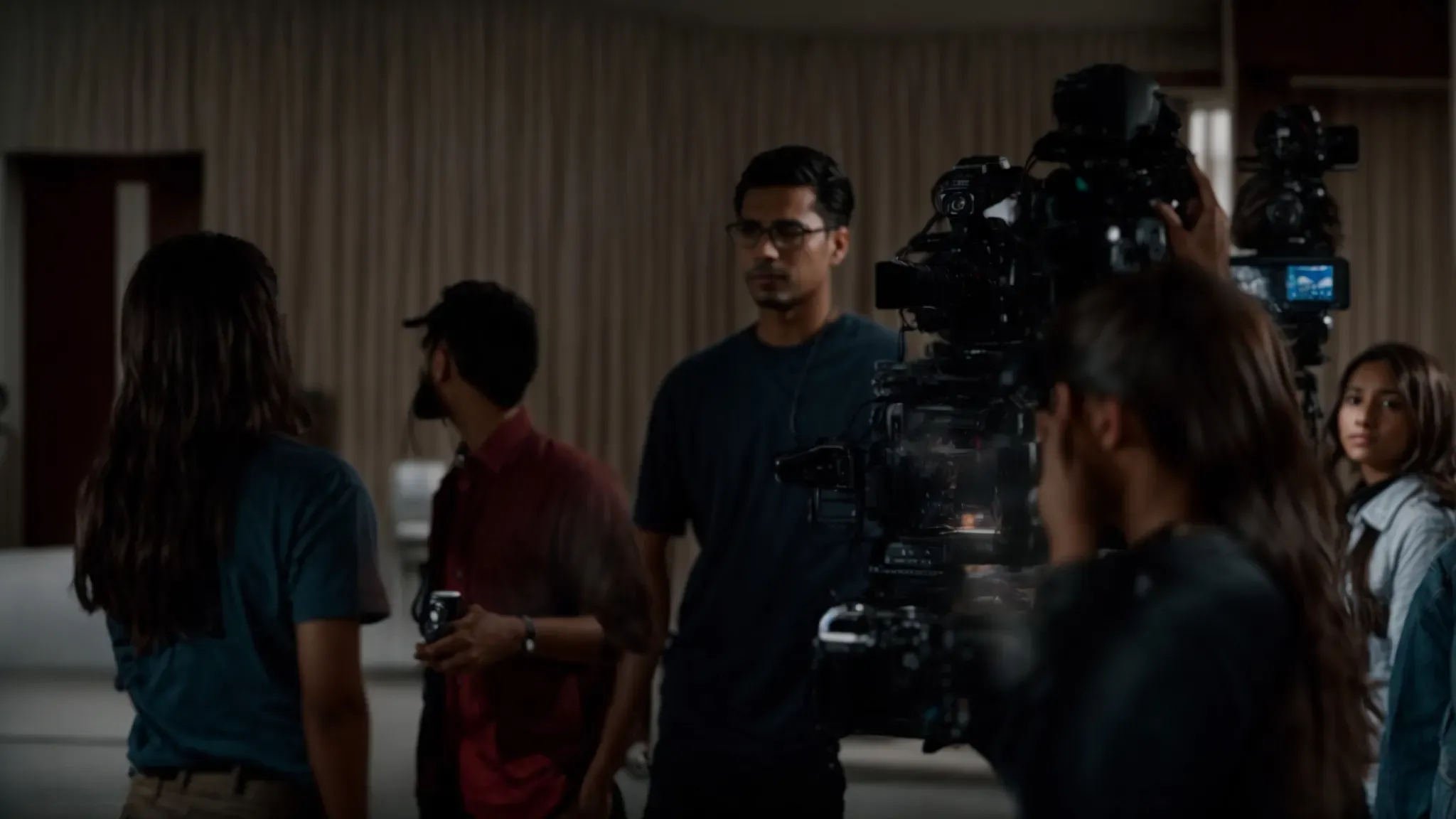 a group of filmmakers gathers around a screen showing a movie scene while one person points towards the screen explaining details.