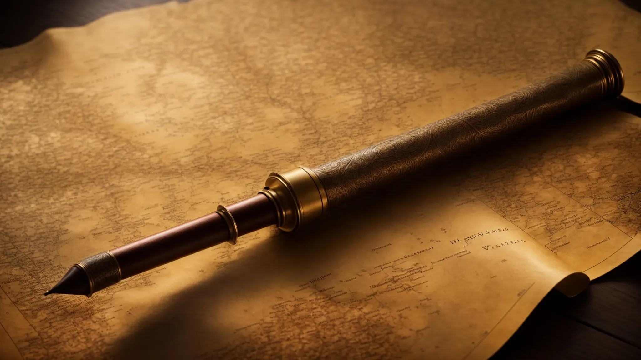 a wizard's intricate wand lays across an ancient map, casting a shadow that hints at a world of magic and adventure.
