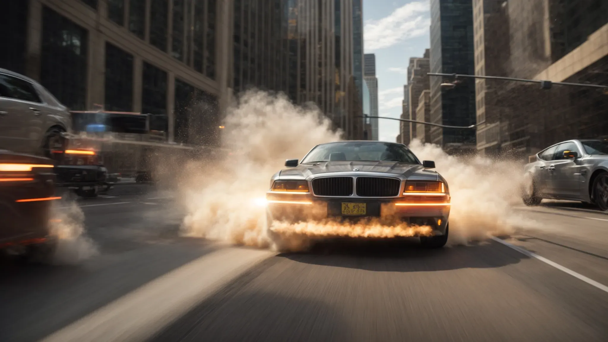 a high-speed car chase erupts on a city street, with vehicles weaving and dodging amidst a backdrop of towering skyscrapers.