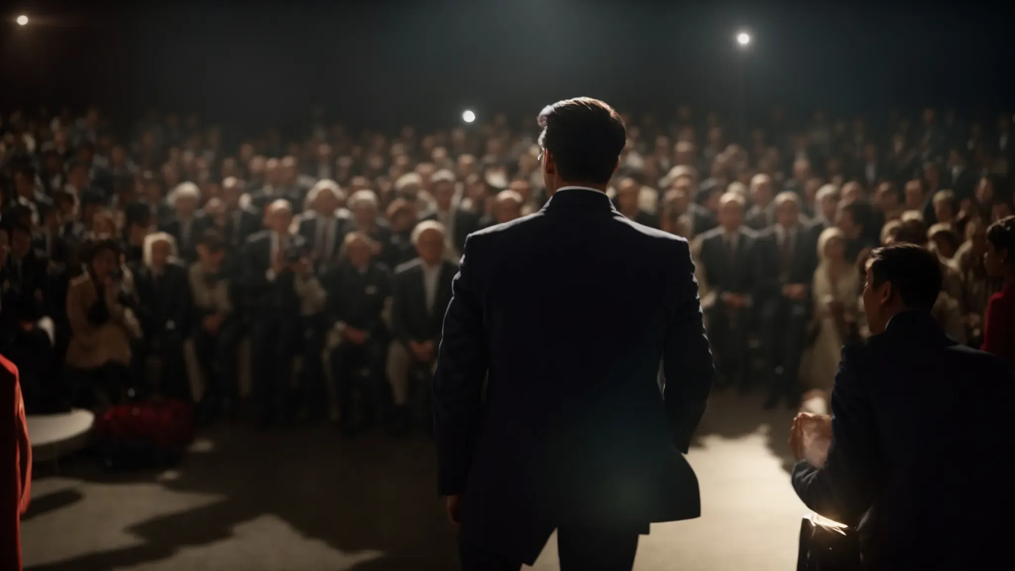 a spotlight illuminates a charismatic actor mid-scene, fully embodying a captivating character while a rapt audience blurs in the background.