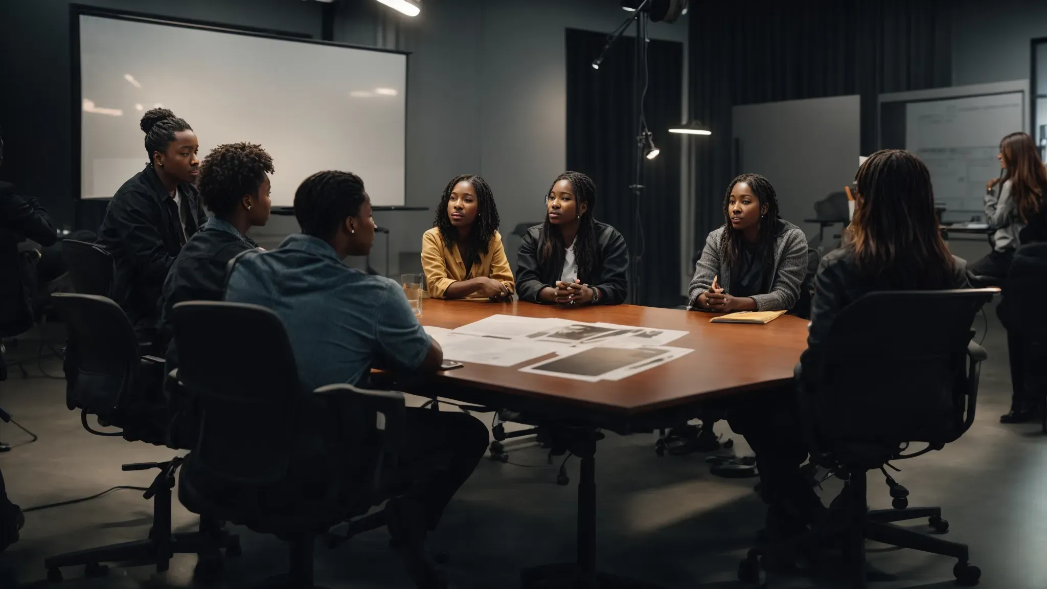 a group of diverse directors sitting together in a modern film studio, engaged in a passionate group discussion over a storyboard.