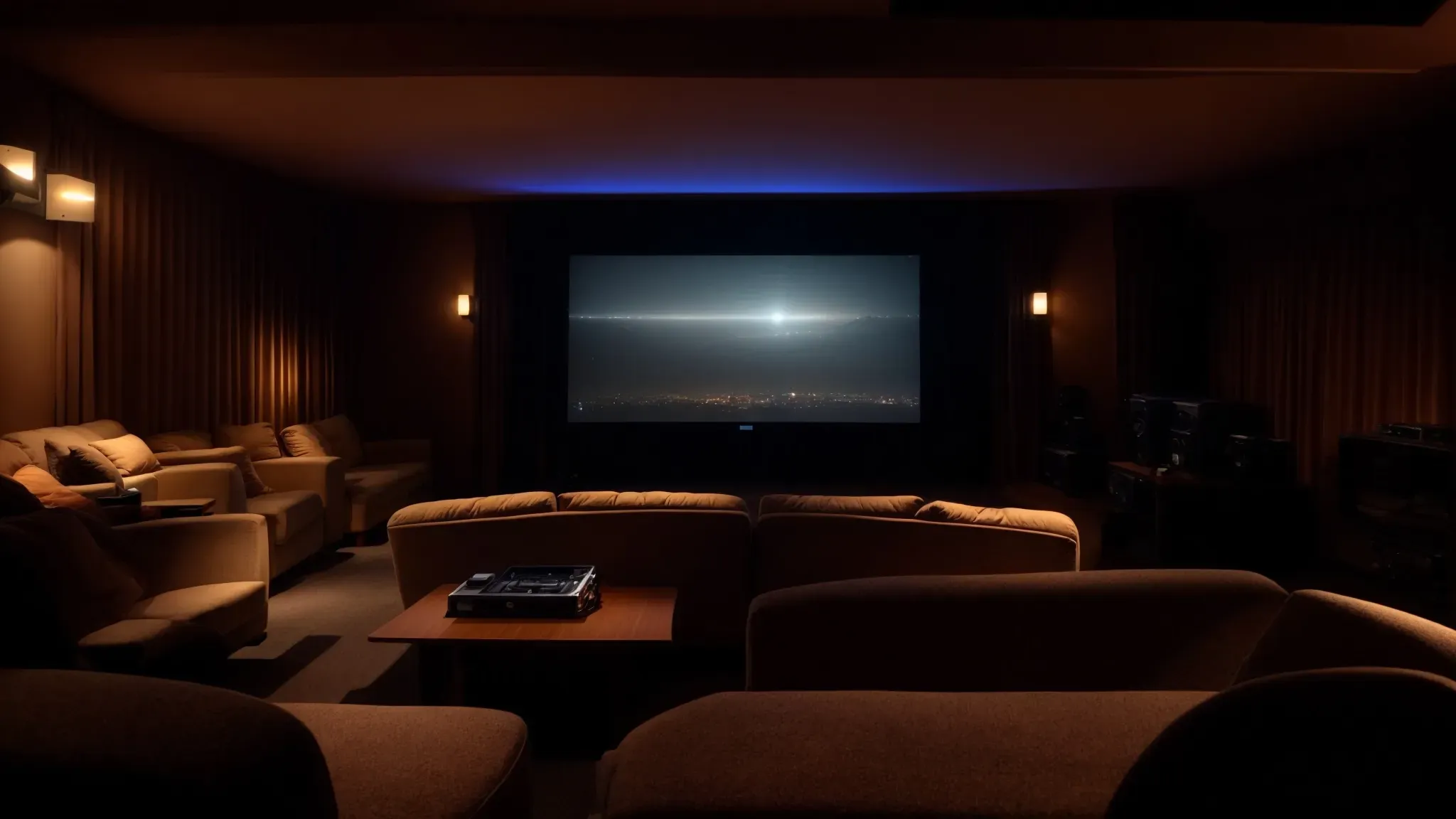 a dark room illuminated only by the glow of a large, widescreen projector displaying a movie on a vast home theater screen.