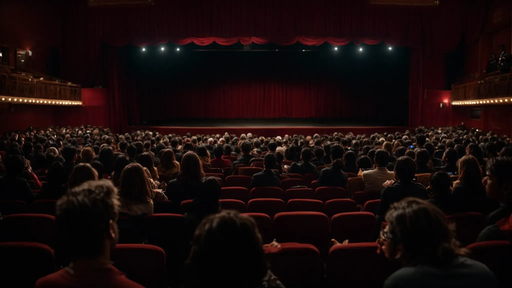 a dimly lit, intimate theater showcasing an indie film, with an enthralled audience immersed in the unfolding narrative onscreen.