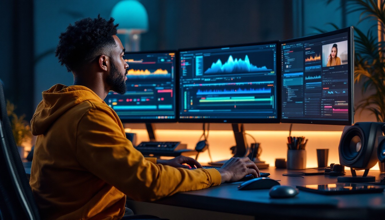 a busy video editing studio with multiple screens displaying various film scenes, and professionals focused on audio and visual editing workstations.