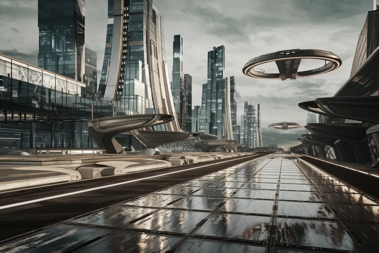 a desolate cityscape with towering, decrepit buildings under a dark, stormy sky.