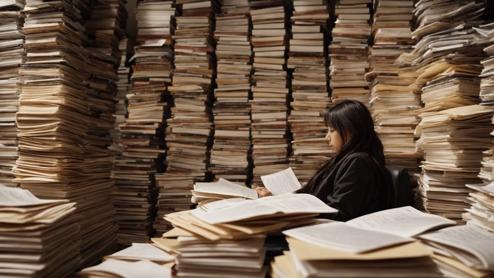 a person sits surrounded by stacks of scripts and books on screenplay writing, intensely focused on a document in front of them.