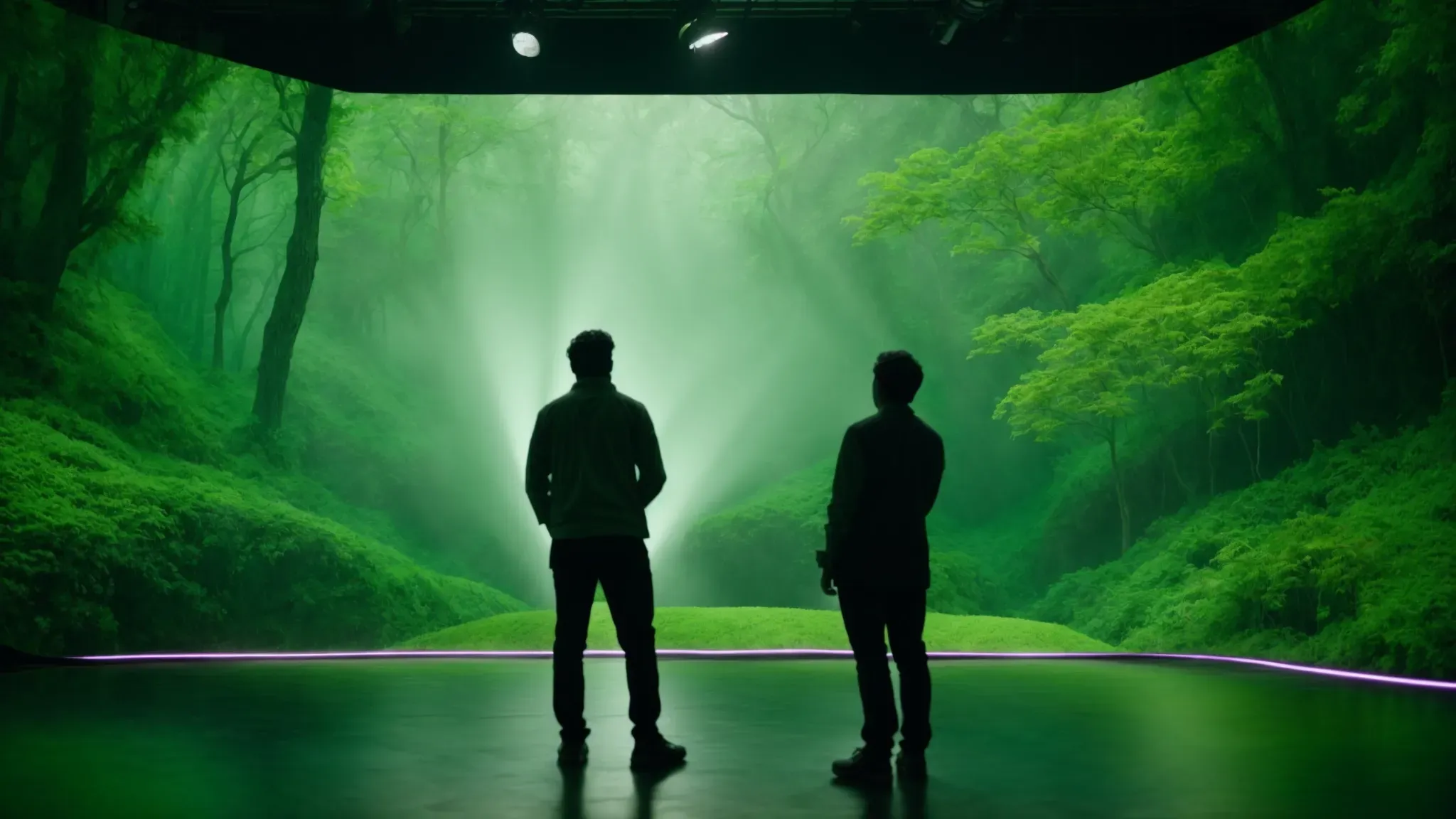 a filmmaker stands in a vast studio surrounded by green screens, engaging with a crew member as they point towards a glowing screen displaying a fantastical digital landscape.