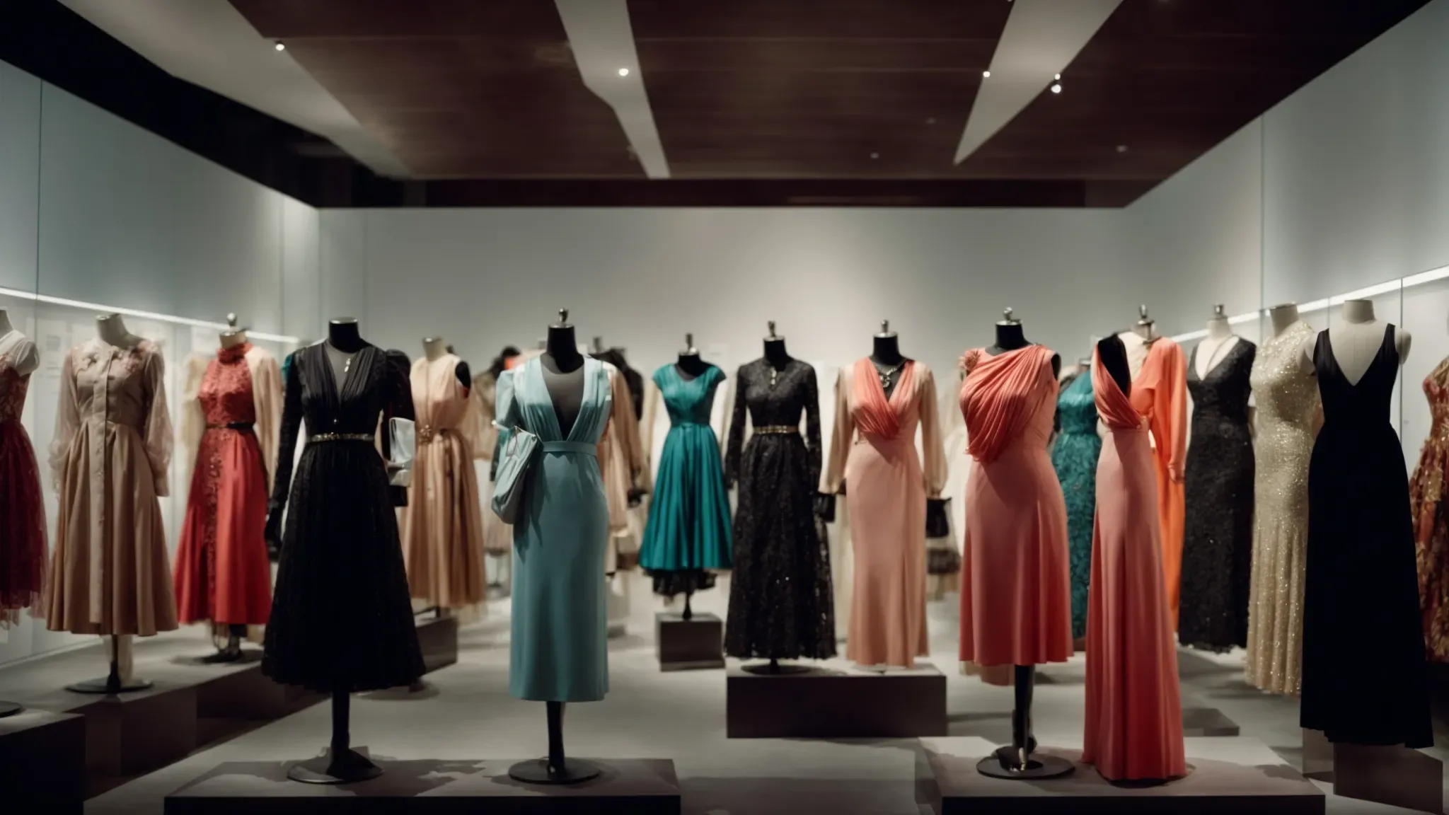 a diverse array of iconic dresses displayed in a museum to celebrate the evolution of fashion during the 80s and 90s.
