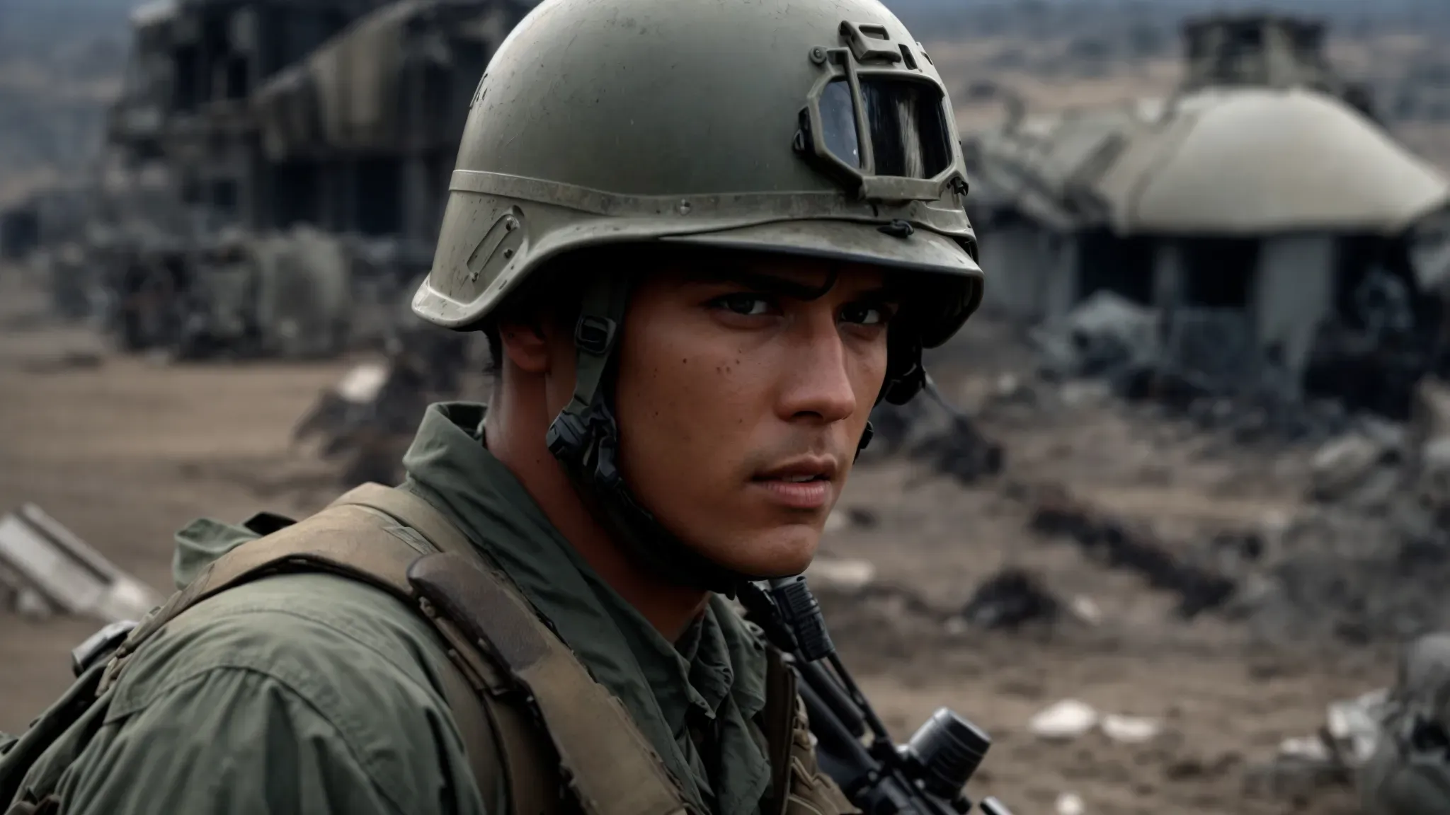 a battle-worn soldier stares into the aftermath of a combat zone, the desolate environment echoing the stark brutality of vietnam depicted in 'full metal jacket'.