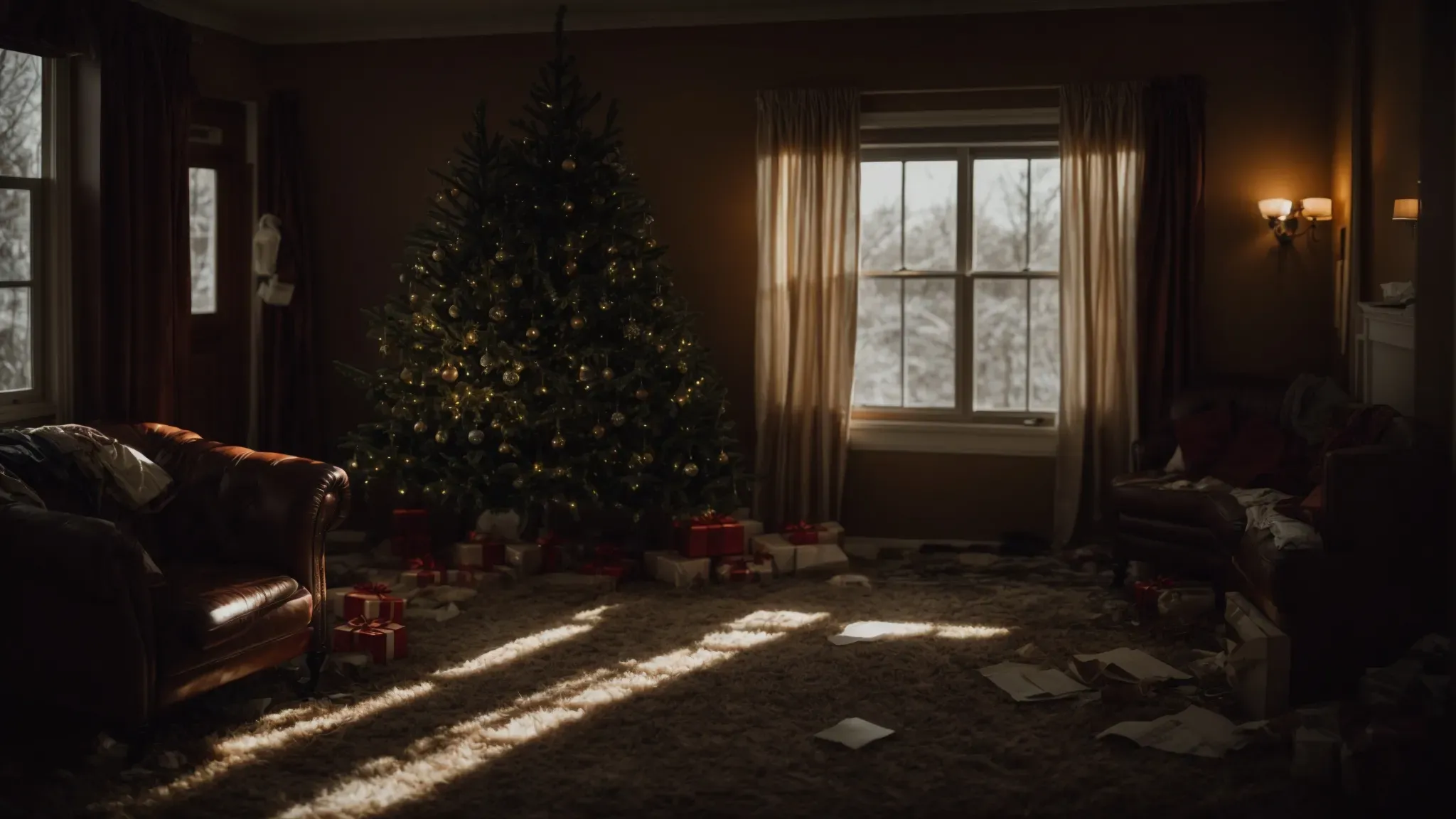 a dimly lit christmas tree casting ominous shadows over an abandoned, present-littered living room.