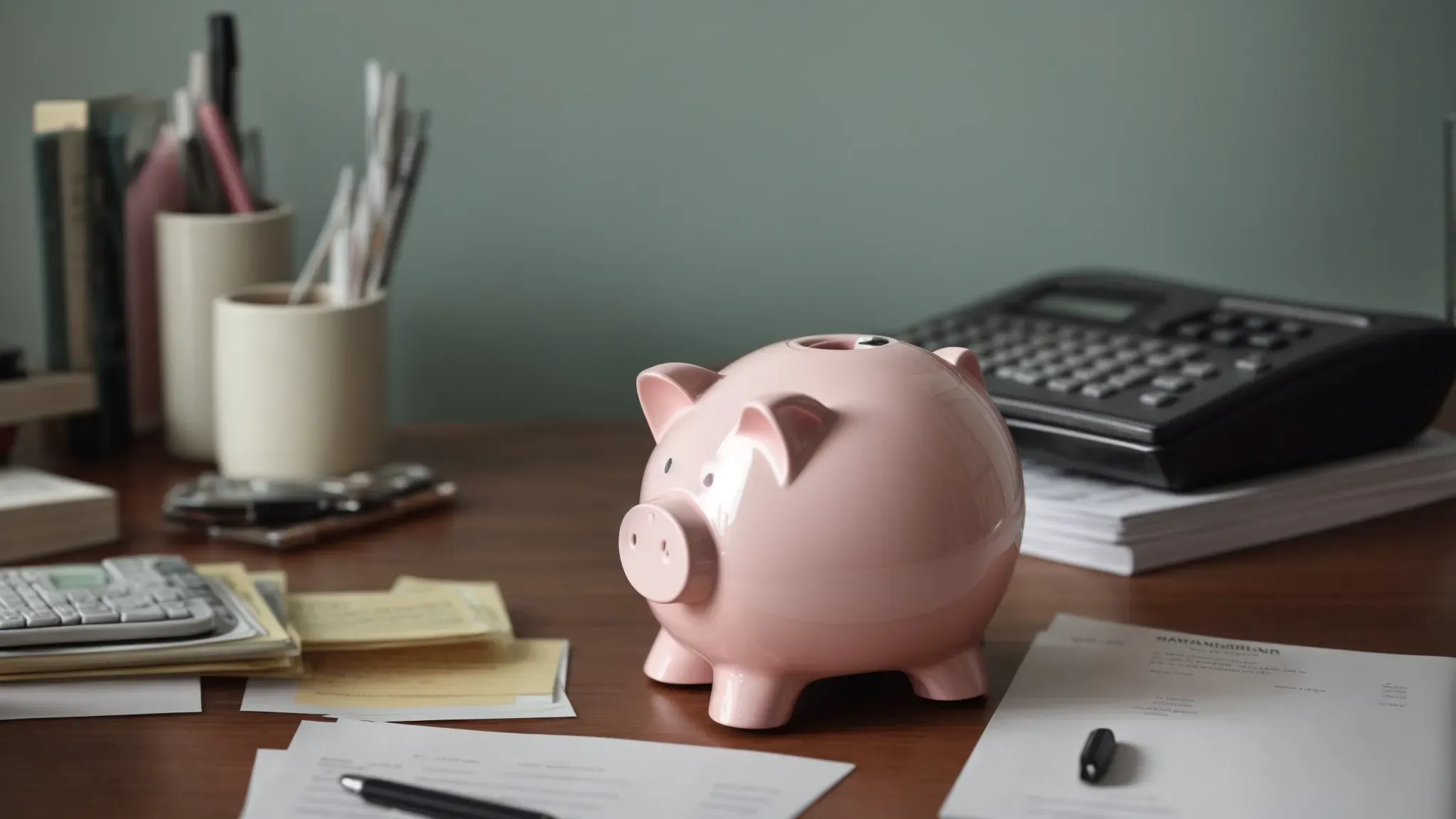 a piggy bank sits on a desk surrounded by financial planning documents and a calculator.