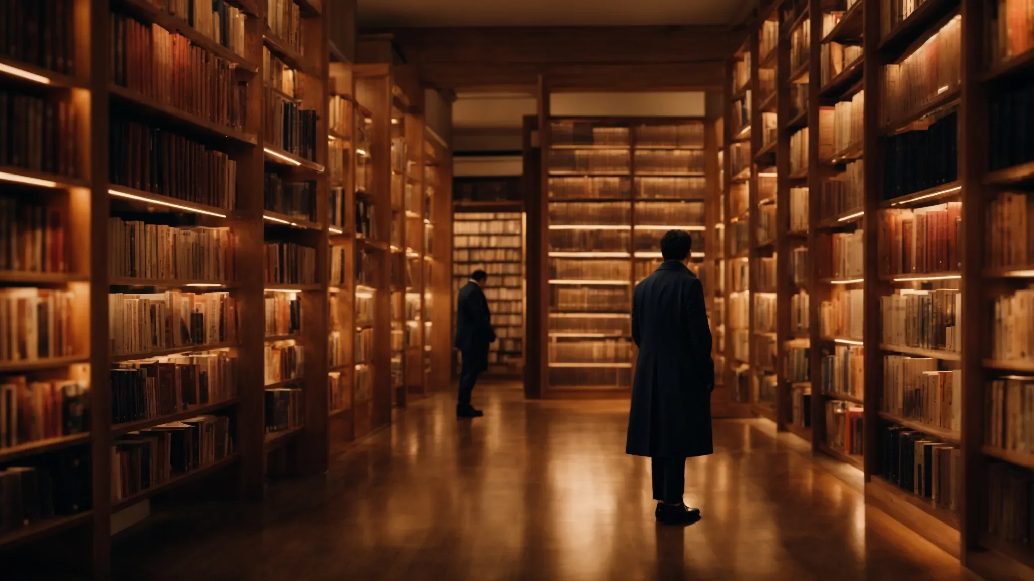 a person stands in a vast library, surrounded by towering shelves filled with books, illuminated by a warm, inviting light.