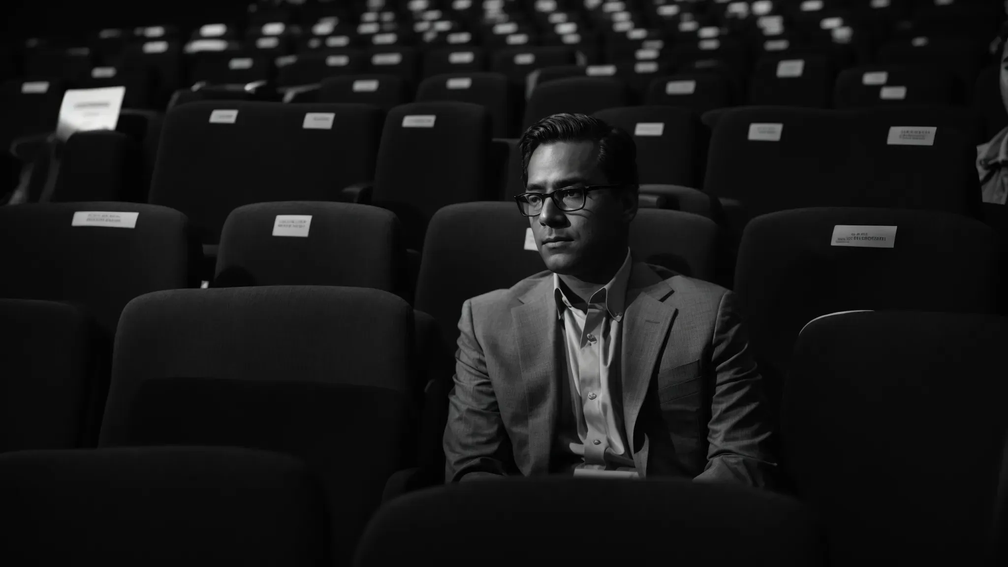 a movie critic sits attentively in a dim theater, eyes fixated on the bright screen during a film festival premiere.