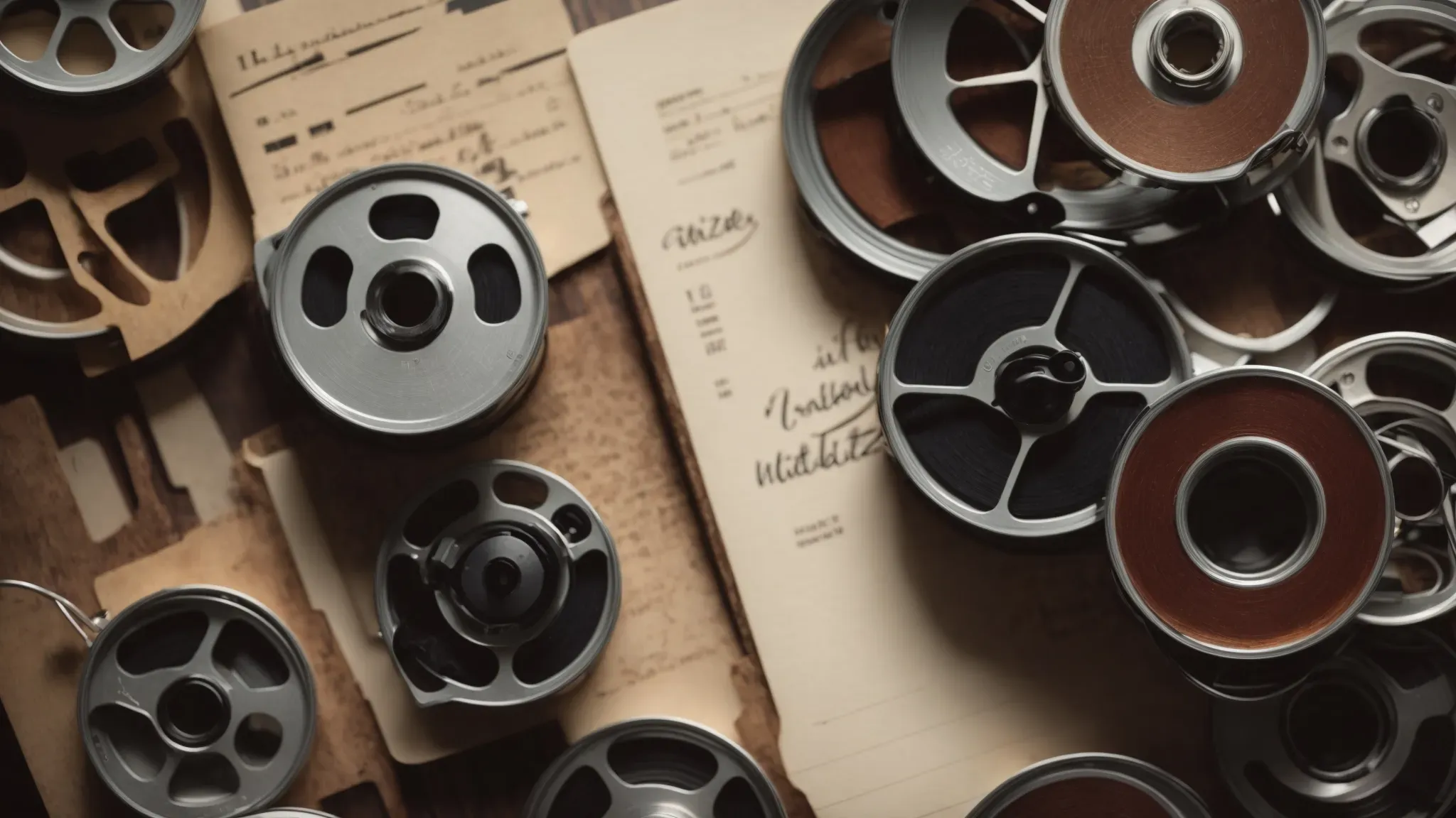 a maze of film reels intertwining, leading to an open notebook with a pen on top.