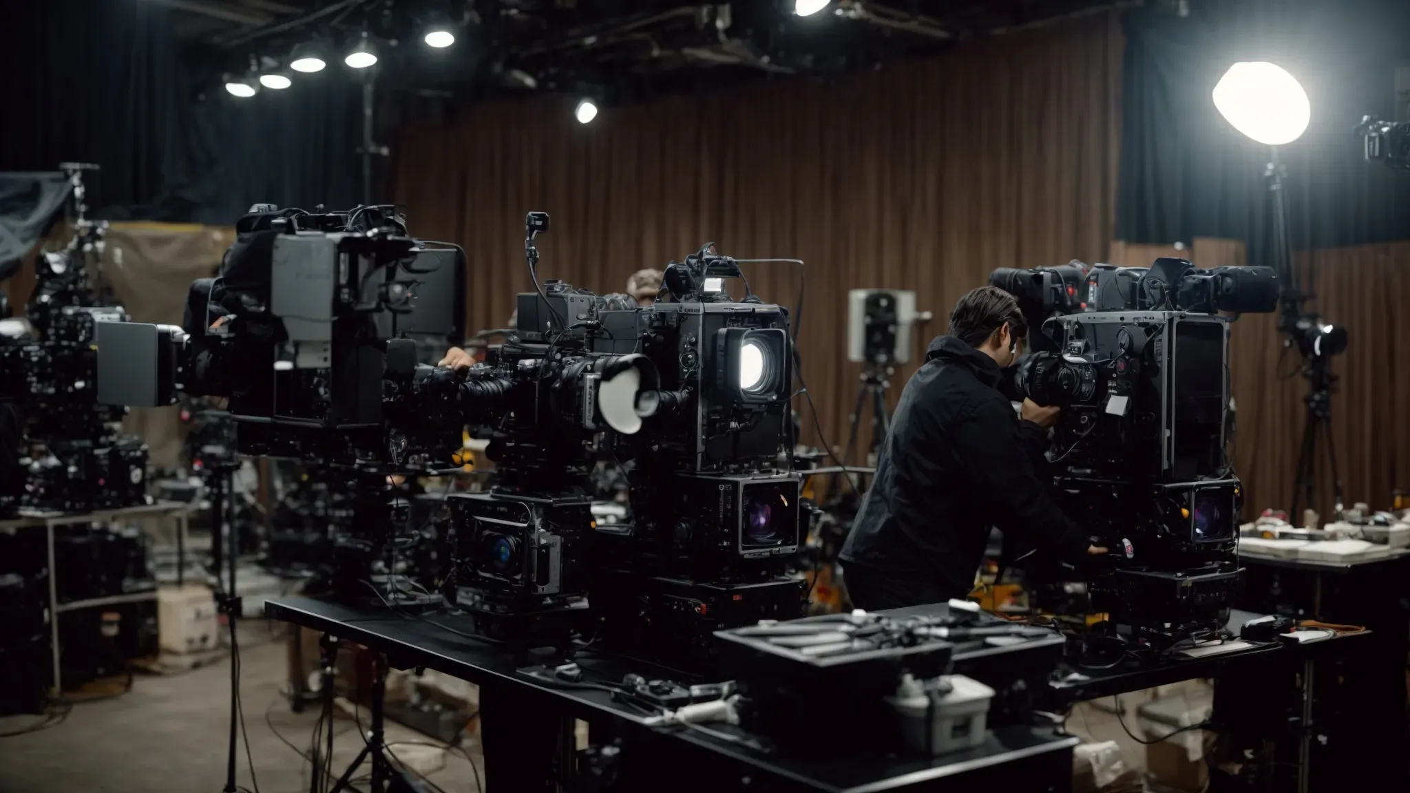 a director oversees a film set where crew members efficiently prepare cameras and lighting equipment for an upcoming scene.