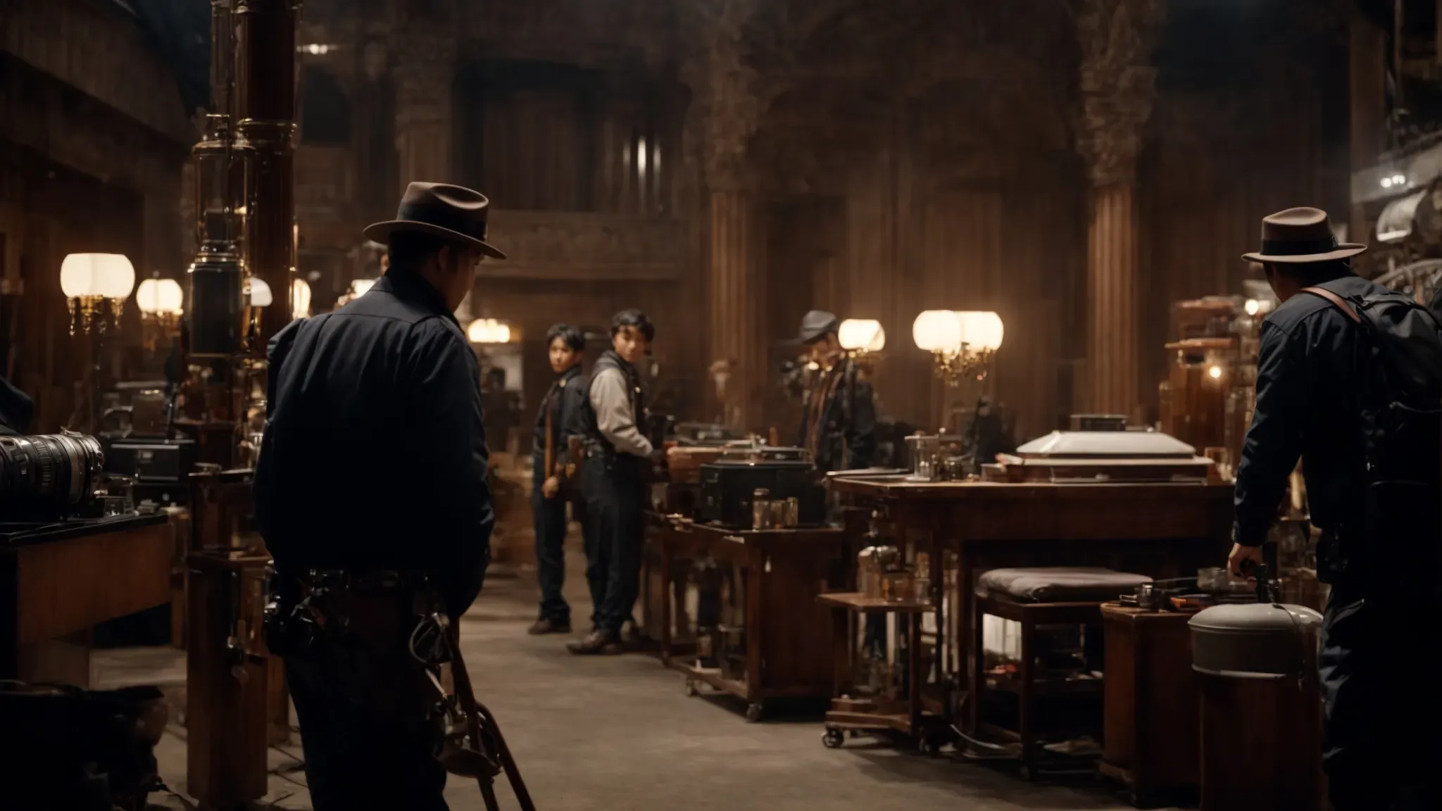 a grand, intricately designed set bustling with crew members, cutting-edge equipment, and dramatic lighting.