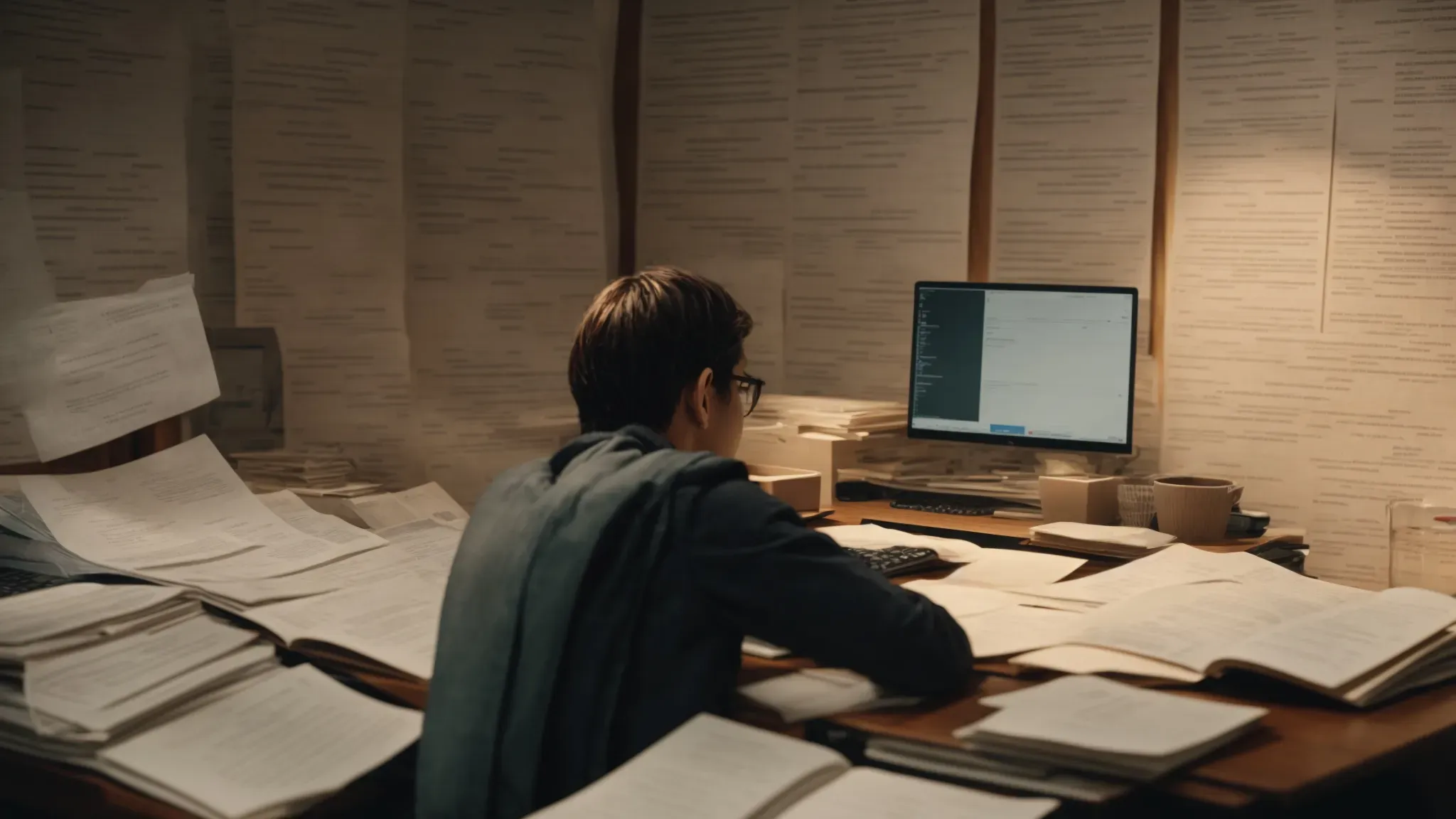 a focused individual sitting at a desk surrounded by scripts and a laptop open to a scriptwriting software interface.