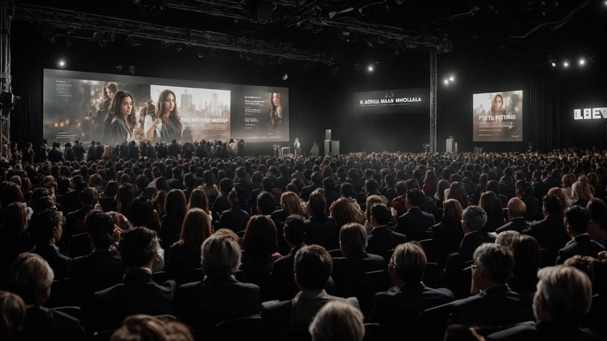 a bustling film premiere event with a prominent display screen and attendees eagerly interacting, symbolizing the launch of a multi-state movie marketing campaign.