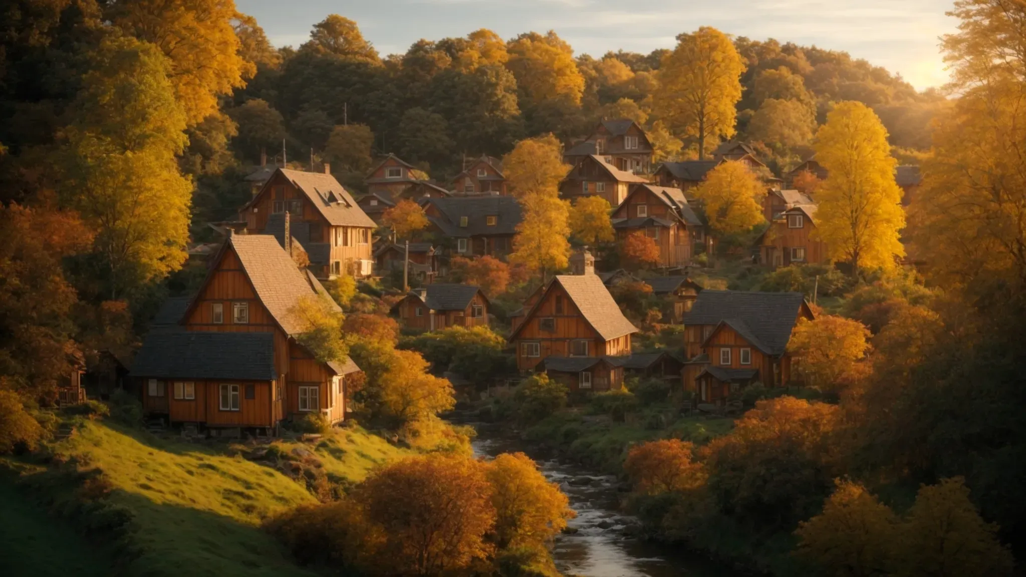 a whimsical village bathed in golden twilight, with exaggeratedly tall trees and idyllic, colorful houses that echo with tales of wonder.