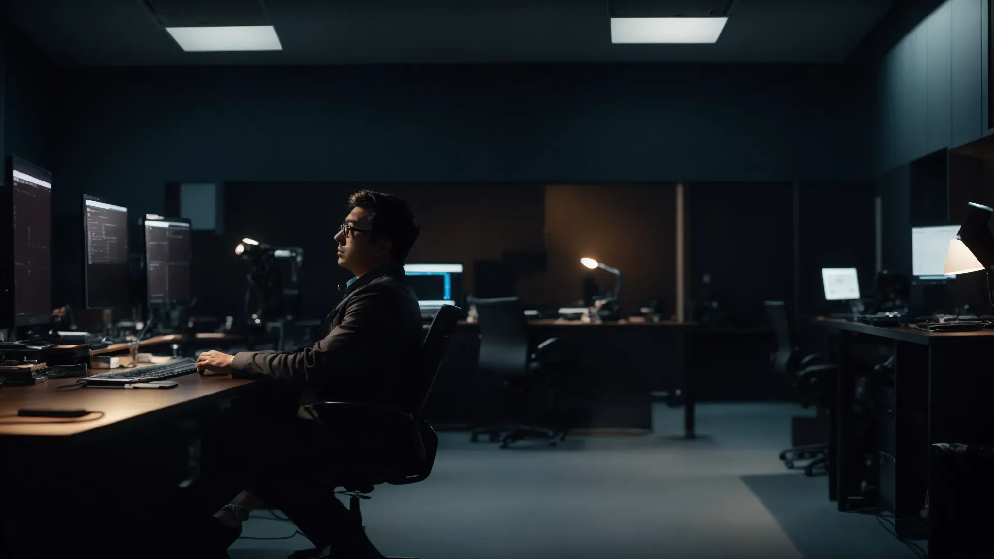 a director sits alone in a dimly lit editing room, reviewing footage on multiple screens.