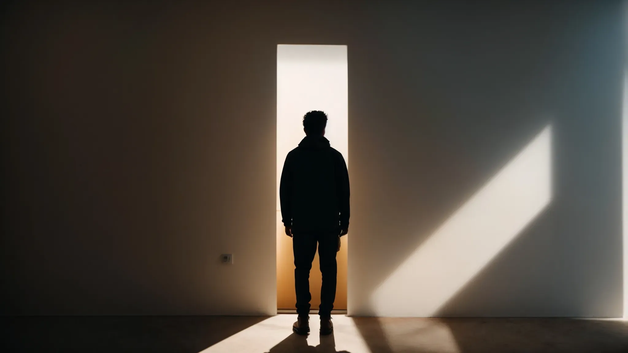 a silhouette of a person standing at the edge of a brightly lit doorway, enveloped in shadows, suggests a journey of discovery and transformation.