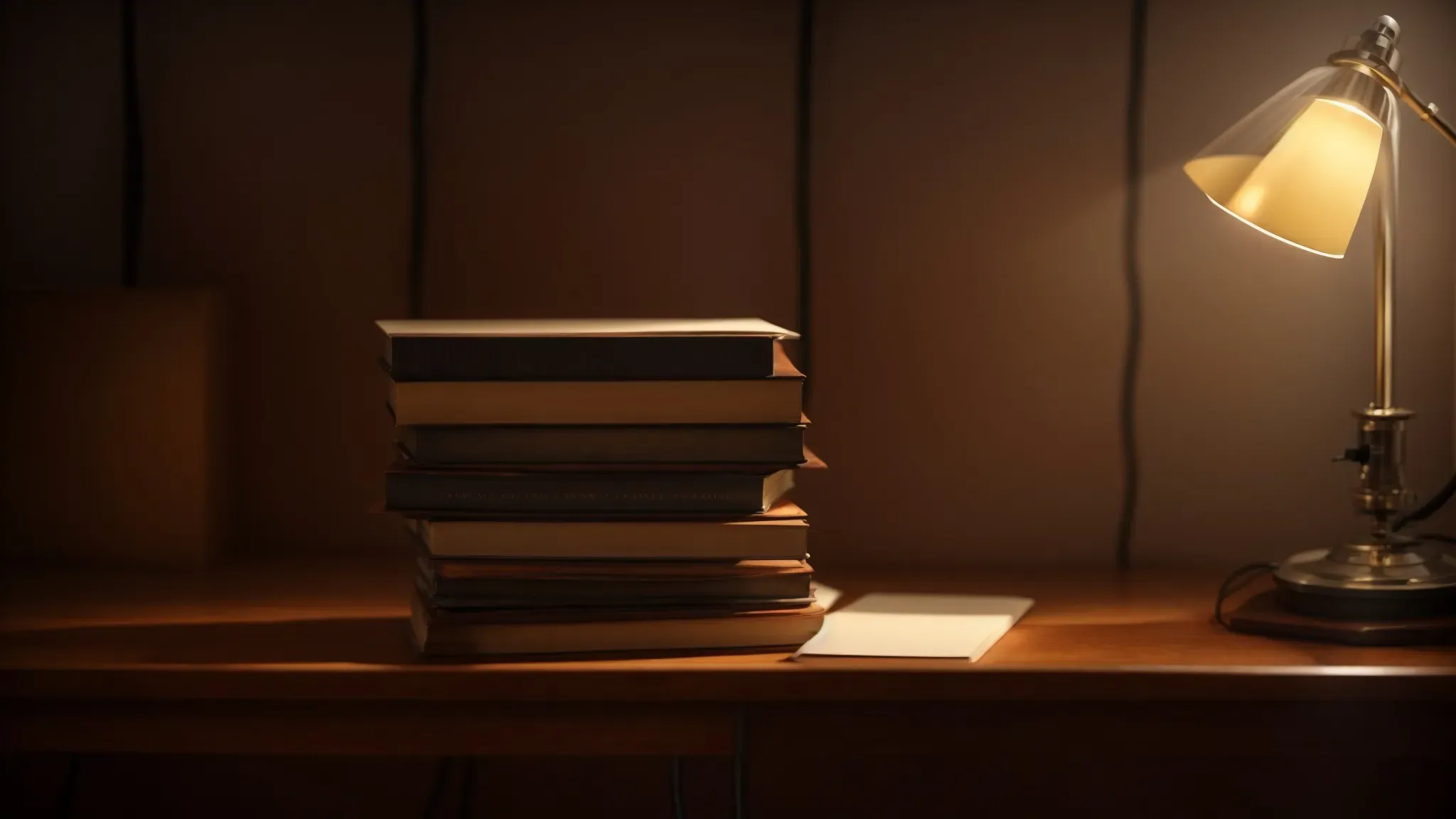 a stack of screenplays on a vintage wooden desk, illuminated by the soft glow of a desk lamp.