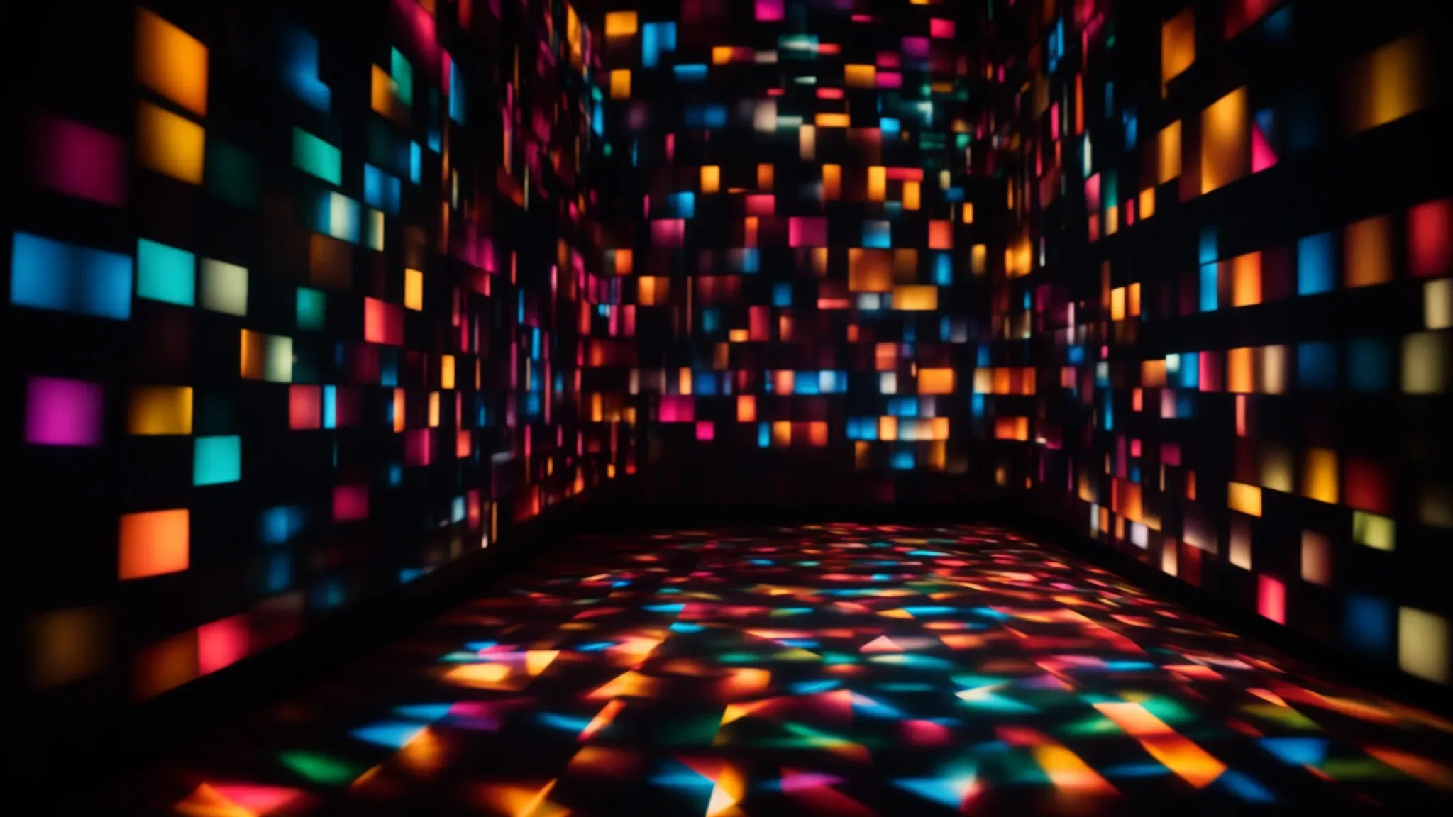 an abstract film projection illuminates a dark room, casting fragmented, colorful light patterns across the space.