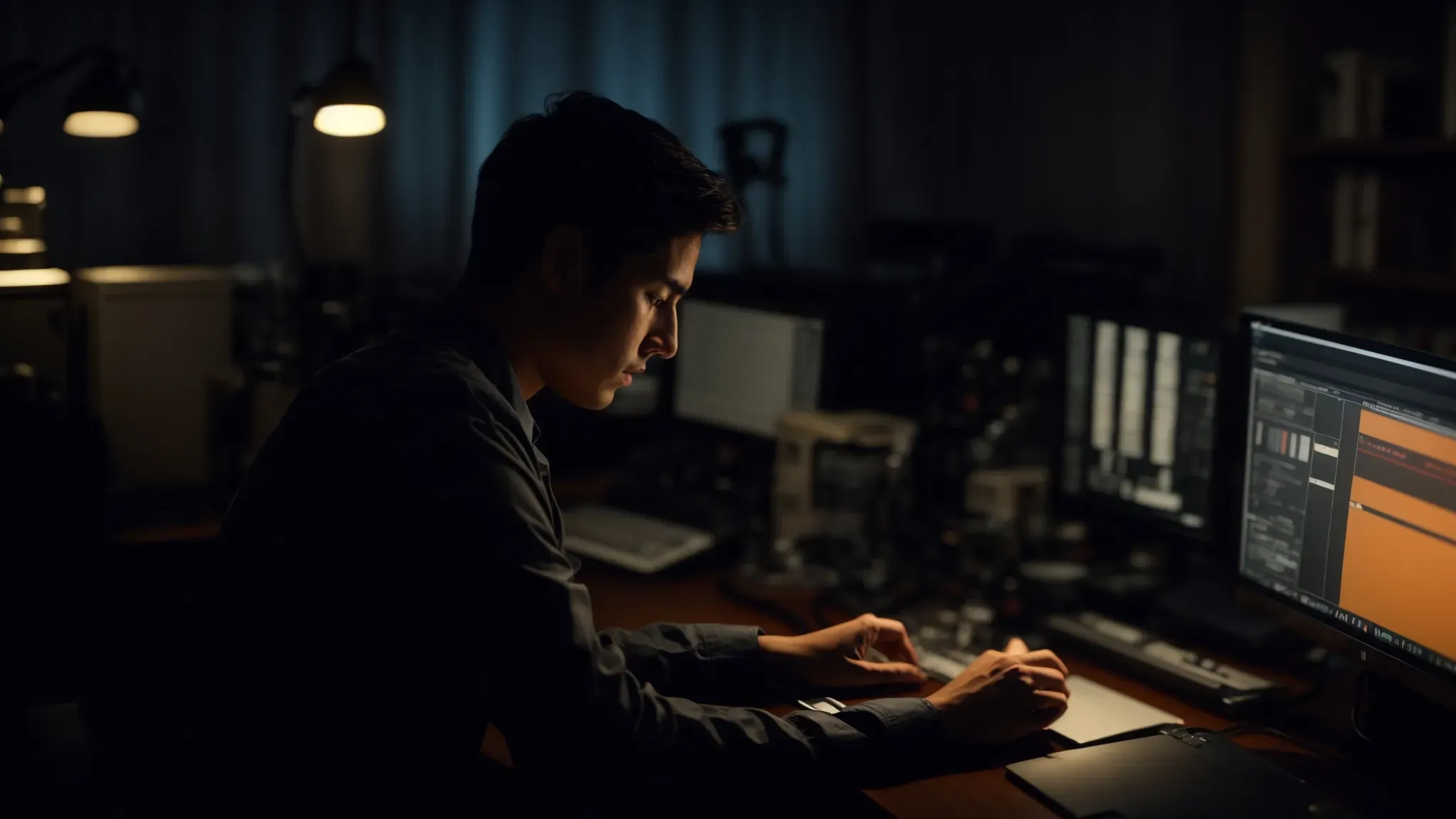 a film editor sits in a dimly lit room, intently focused on a computer screen displaying a film editing software interface.