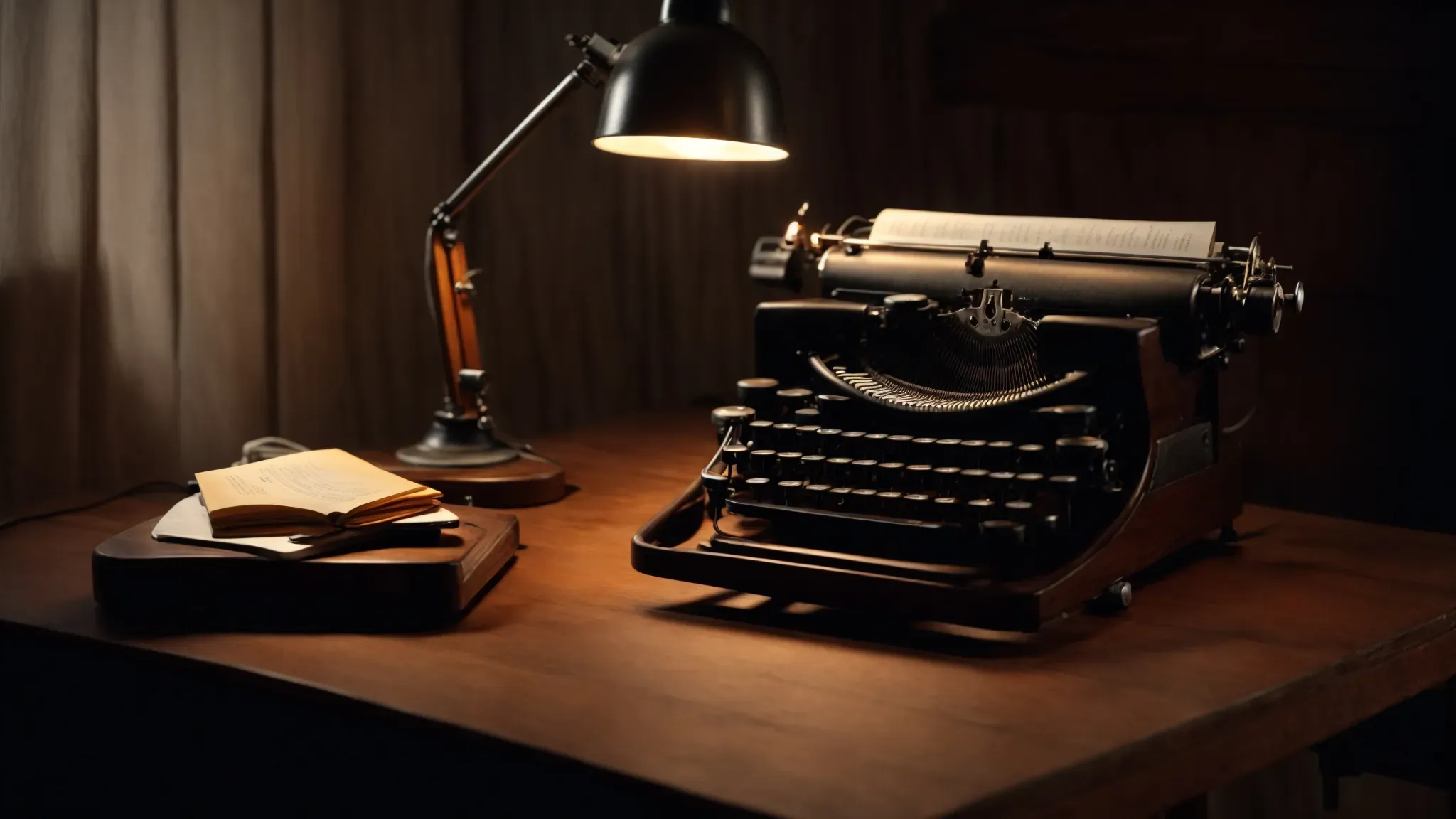 a vintage typewriter sits atop an old wooden desk, illuminated by a single desk lamp, beside an open, weathered notebook.