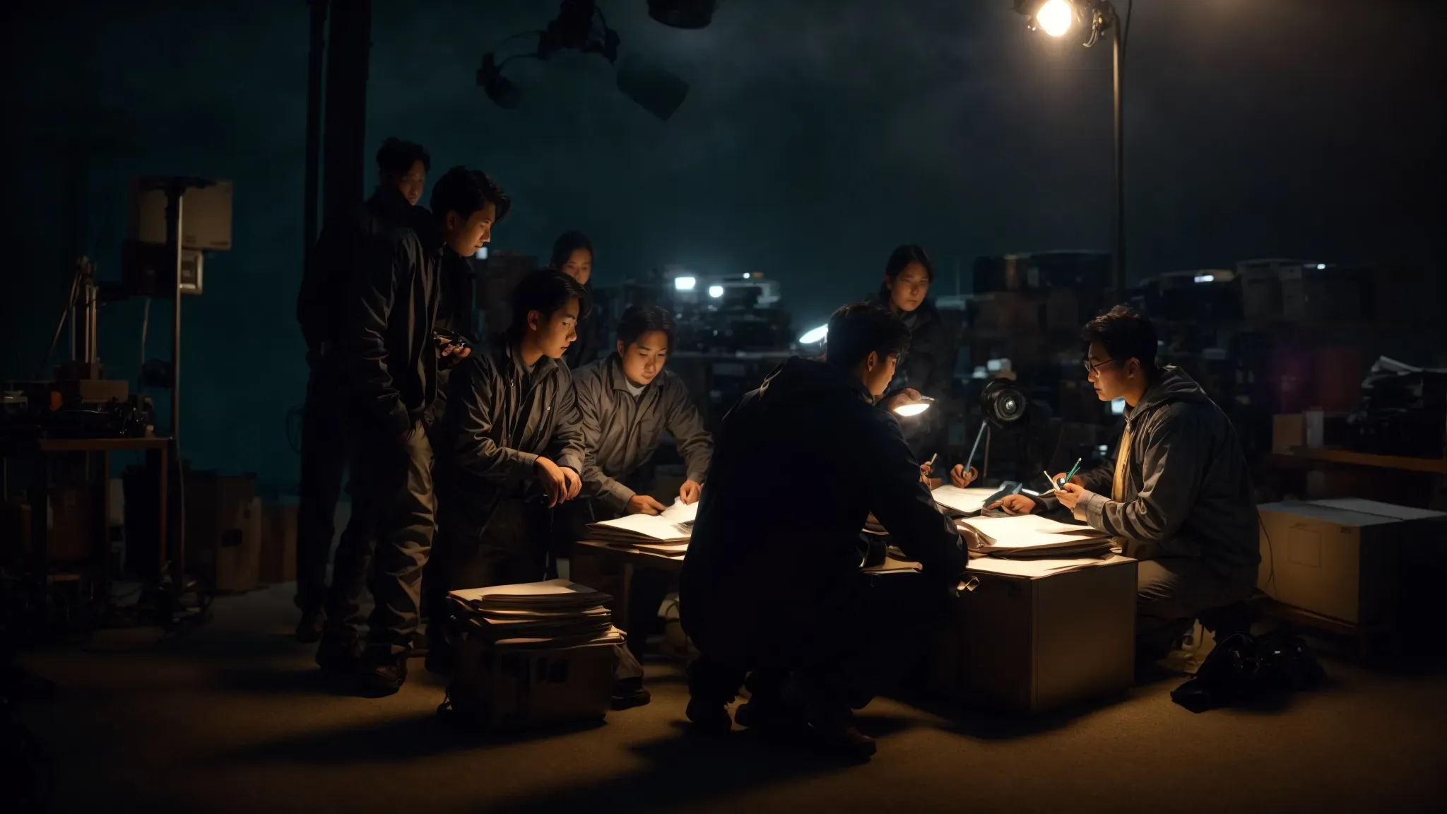 a busy production team huddles around equipment and paperwork under the soft glow of pre-dawn light, absorbed in a final discussion.