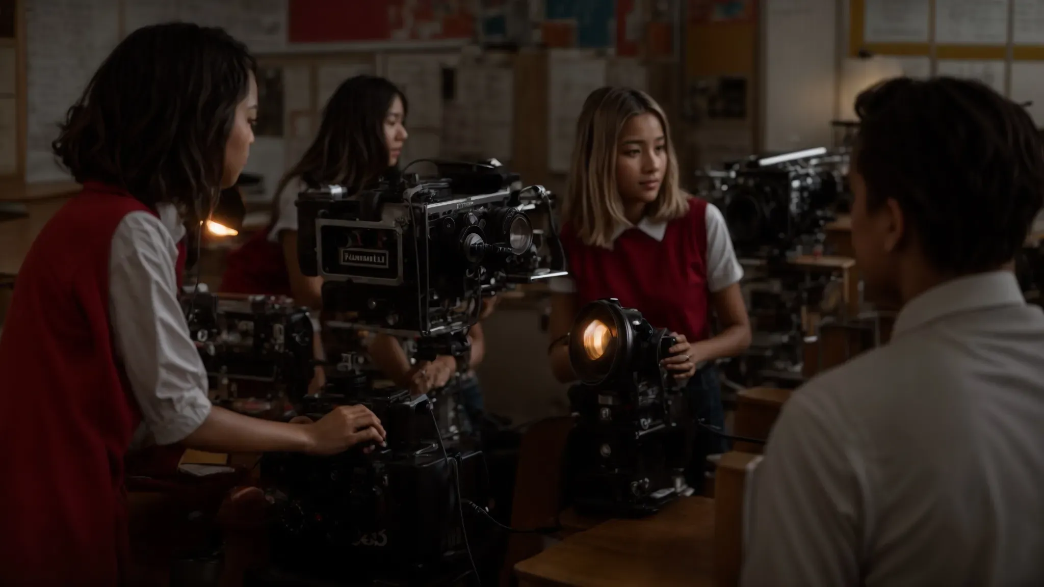 a classroom with students gathered around vintage film equipment, deeply engaged in discussion under soft, warm lighting.
