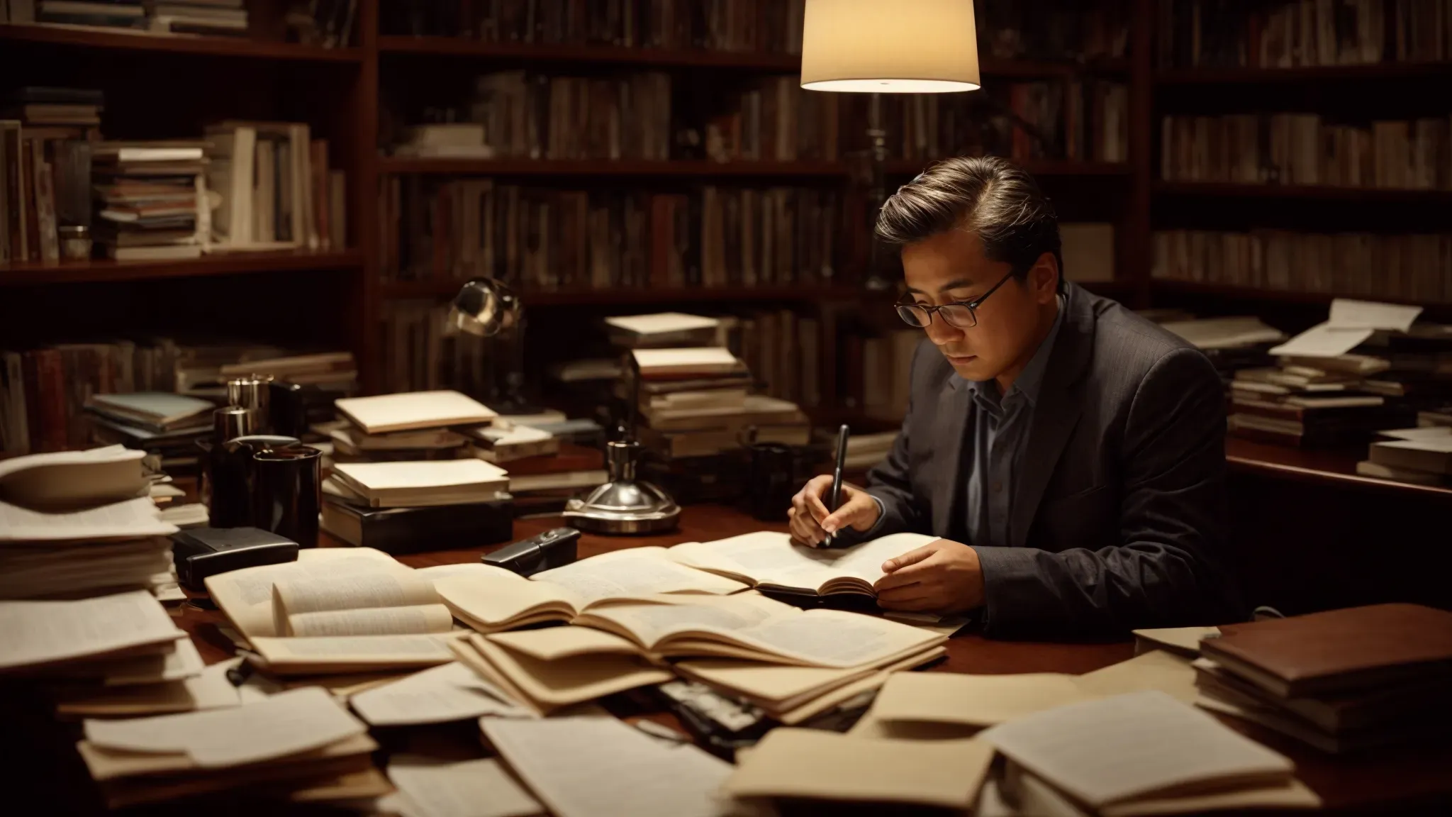 a writer intently scrutinizes a cluttered desk littered with classic novels and notes, under a soft desk lamp, pondering plot twists.
