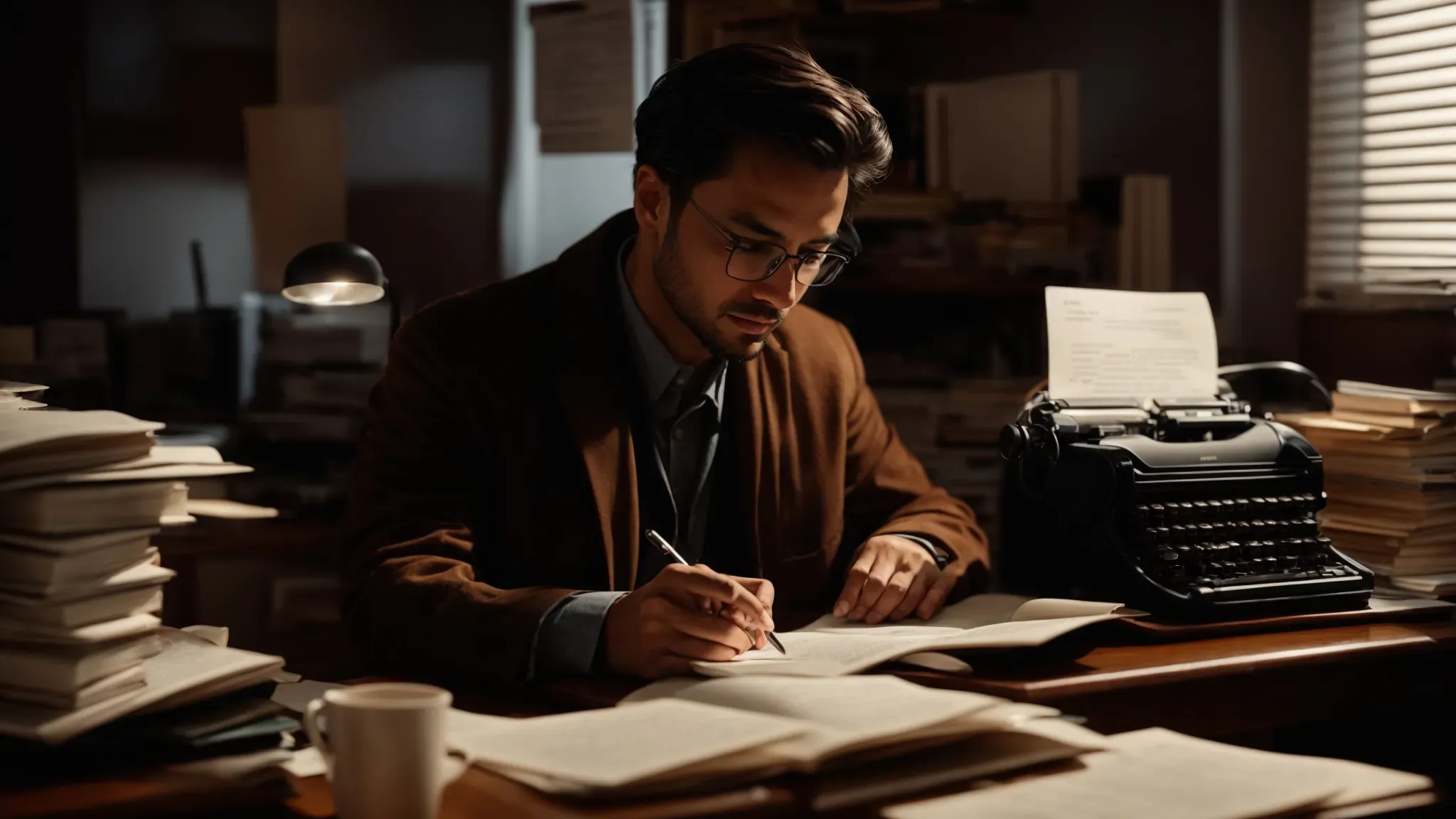 a playwright fervently typing on a laptop at a cozy desk surrounded by scattered papers and a dim desk lamp.